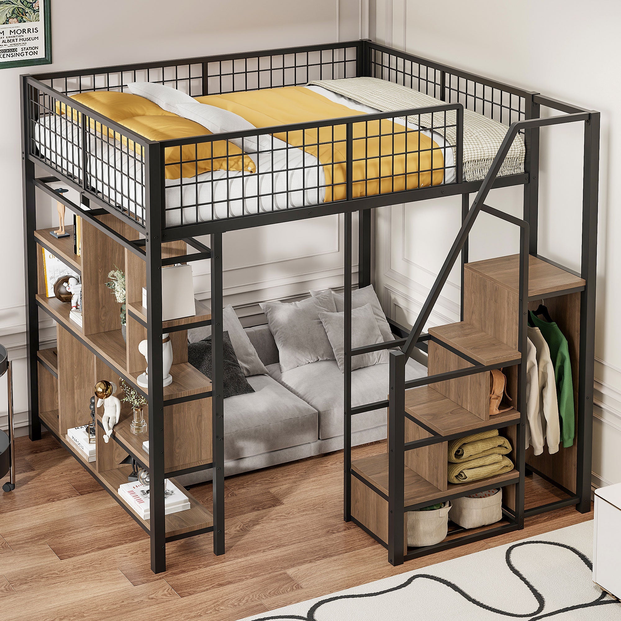 Logidon hoogslaper 140x200 cm metaal zwart met opbergruimte trap