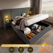 Logidon gestoffeerd bed tweepersoonsbed 180x200 grijs linnen nachtkastje USB C