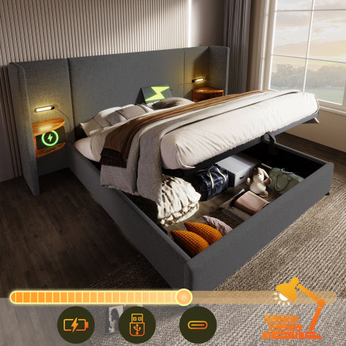 Logidon gestoffeerd bed tweepersoonsbed 180x200 grijs linnen nachtkastje USB C