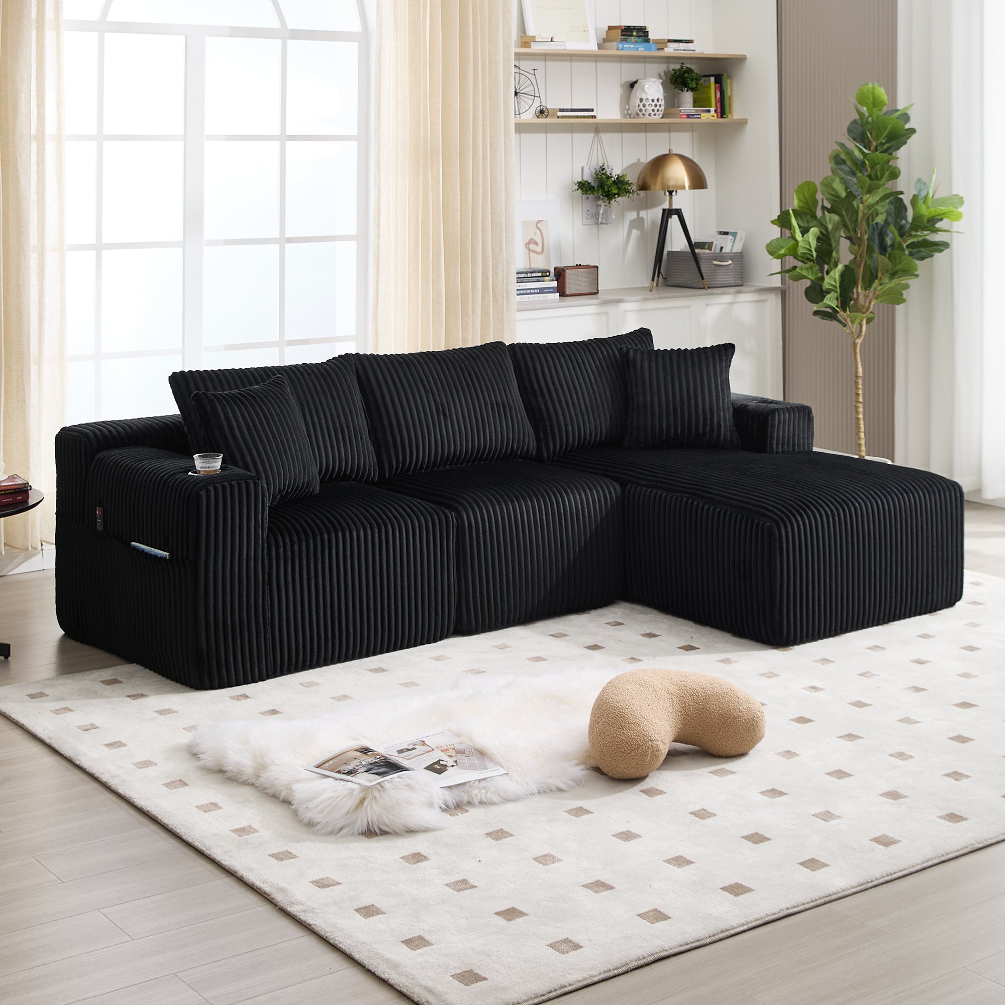 Logidon modulaire bankstel met chaise longue, 2-zitsbank, zwart corduroy