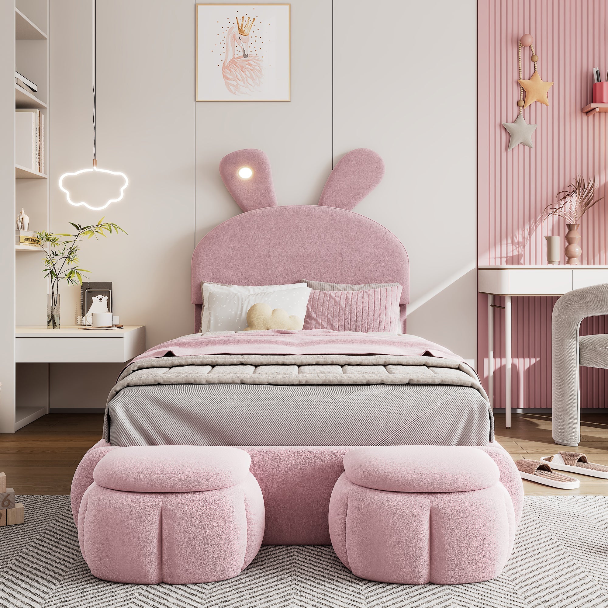 Logidon Upholstered Bed Rabbit Ears Pink 90x200 cm With Adjustable Brightness