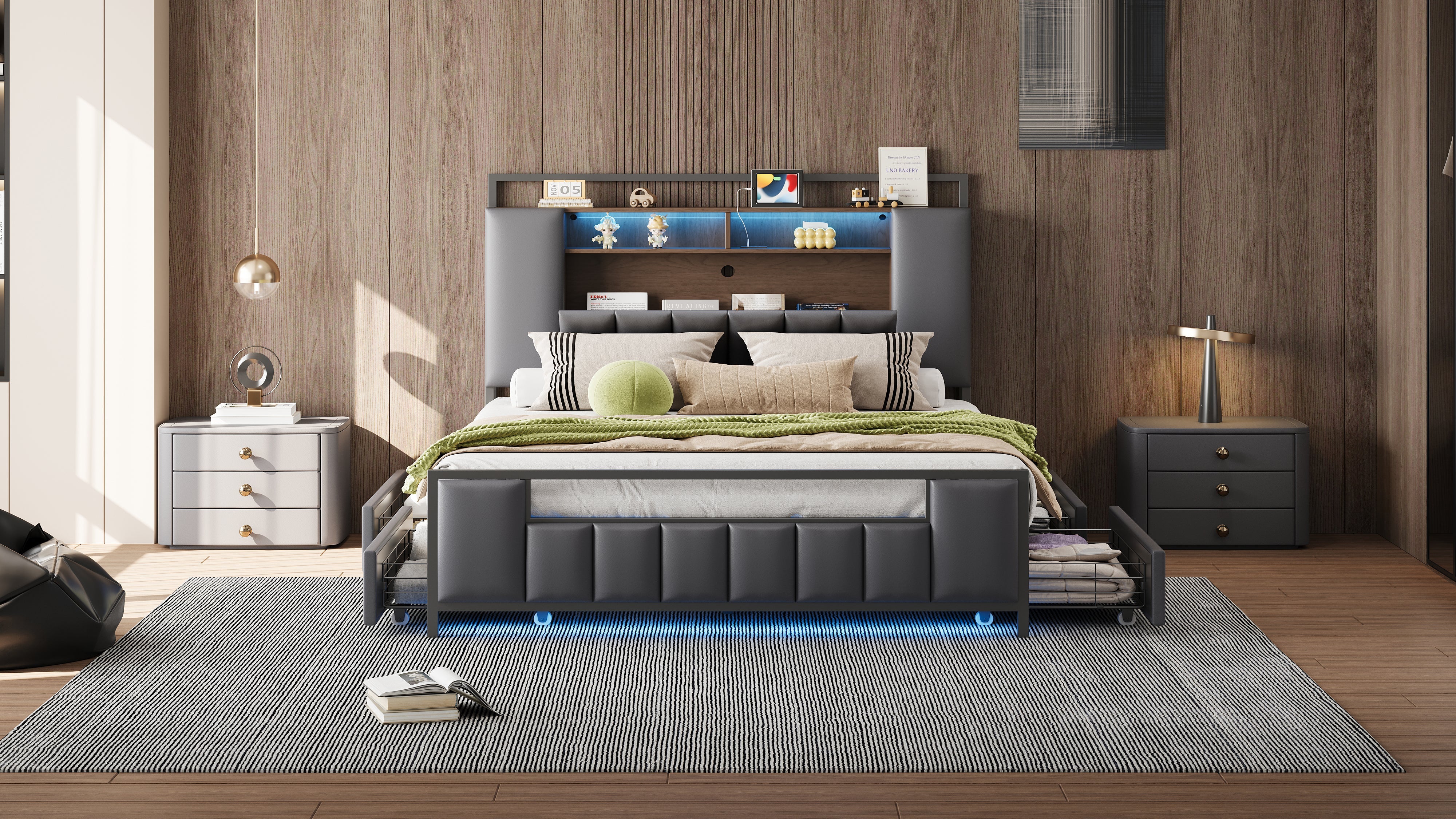 Logidon gestoffeerd bed 160x200 cm grijs kunstleer met LED USB-laden