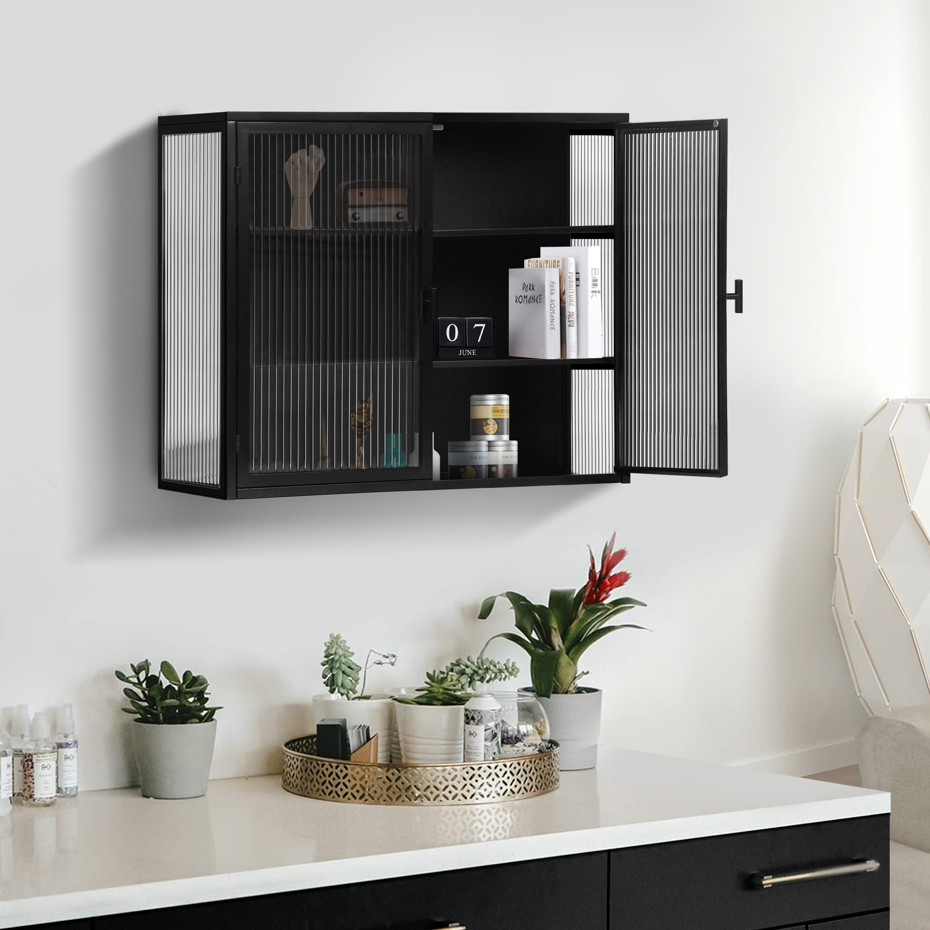 Logidon 70 cm glazen wandkast zwart 2-deurs met drie niveaus