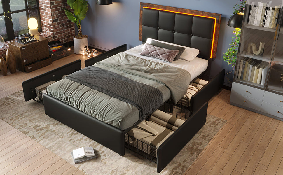 Logidon bedframe 90x200cm met LED-strip en vier lades zwart