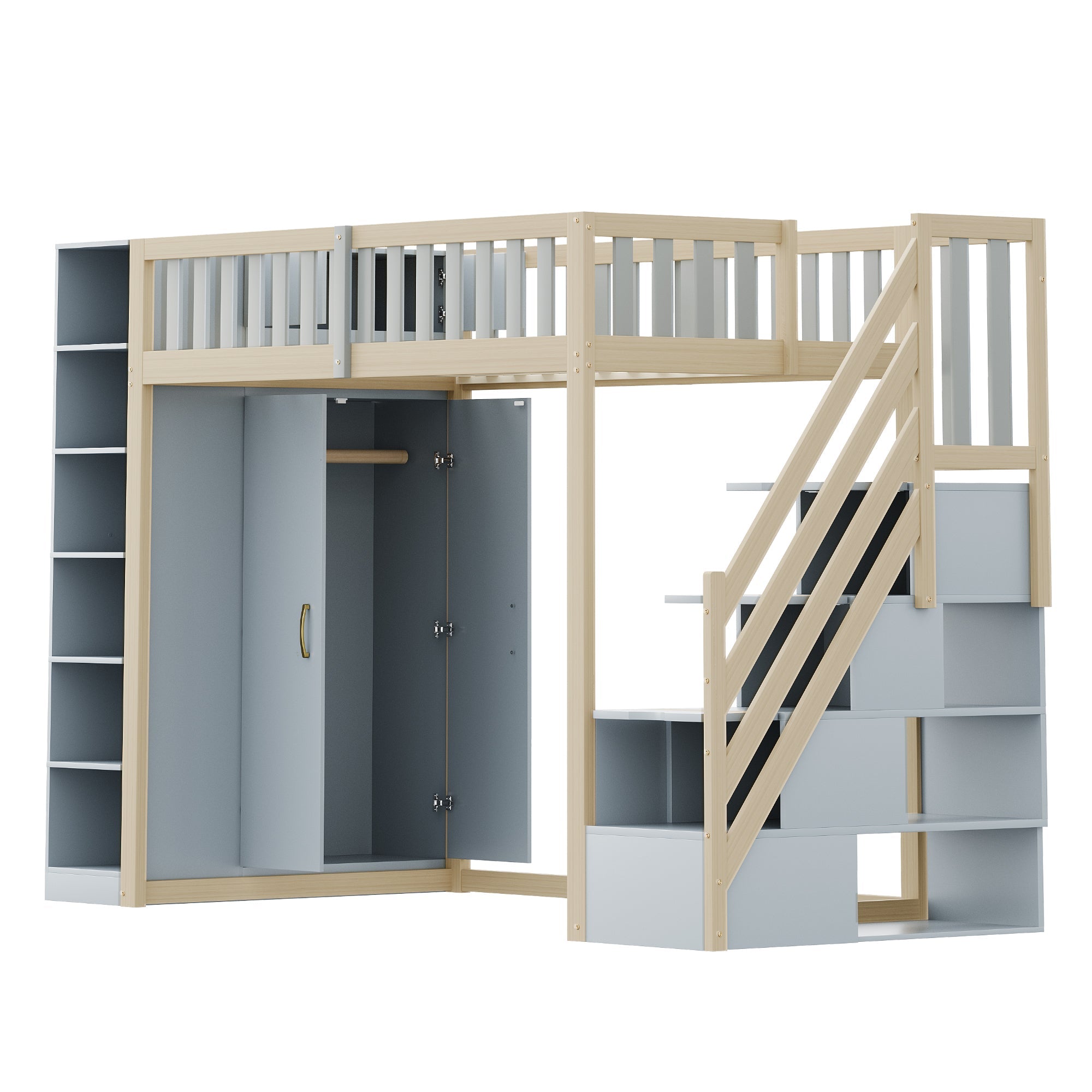 Logidon hoogslaper 90x200 multifunctioneel grijs natuurlijk hout met planken