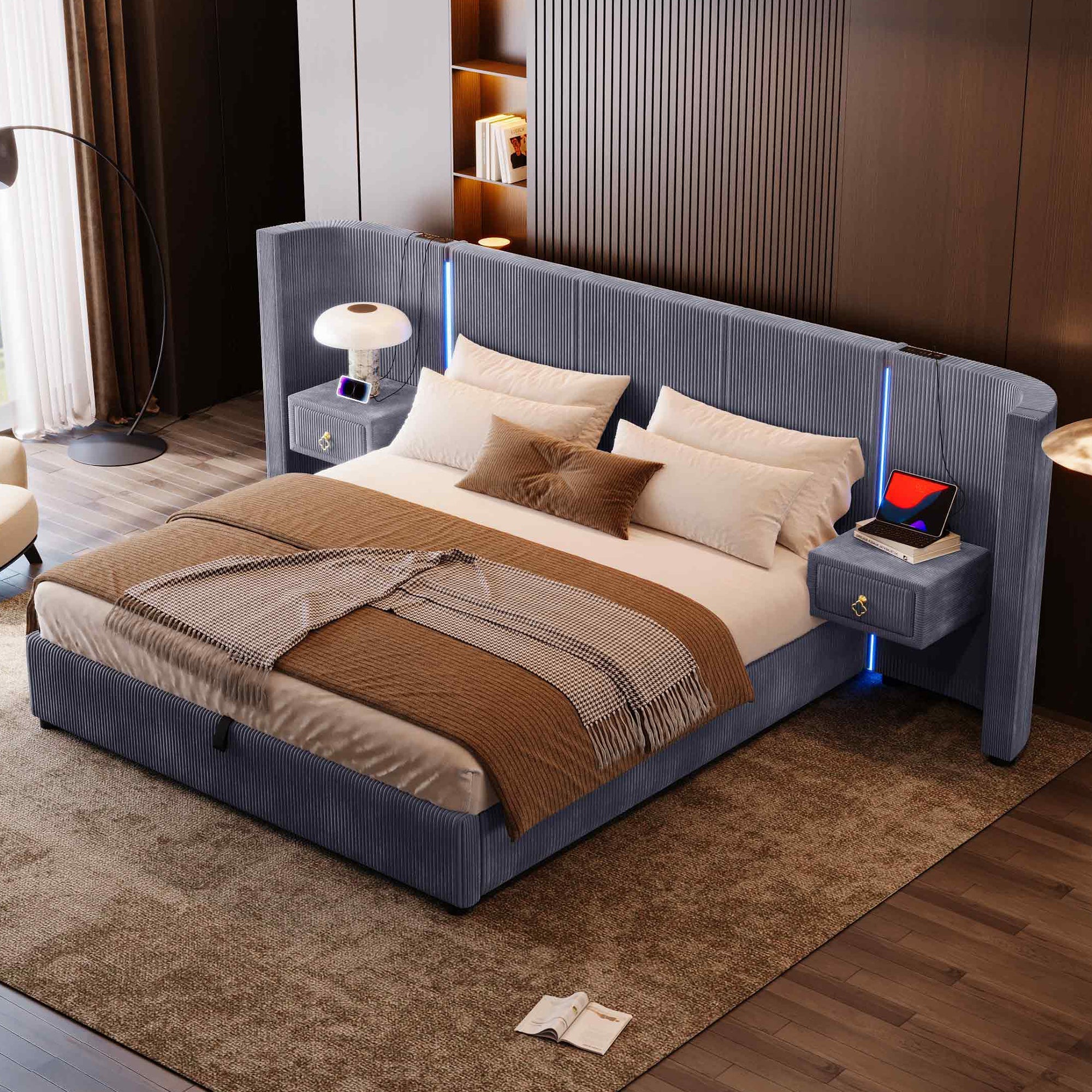 Logidon upholstered bed 180x200 cm gray velvet with LED strip storage space