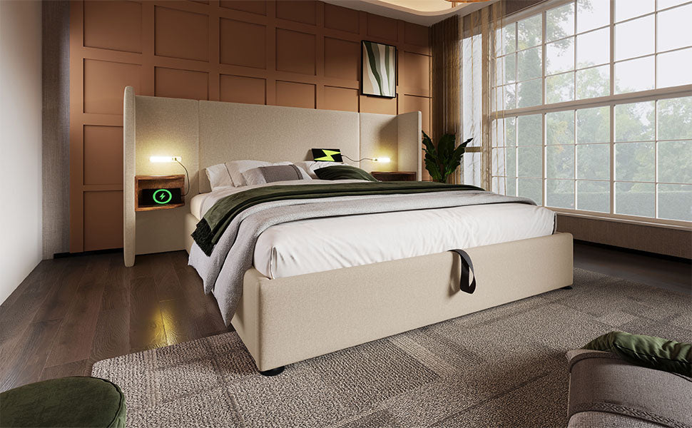 Logidon upholstered bed 160x200 double bed beige linen with storage space