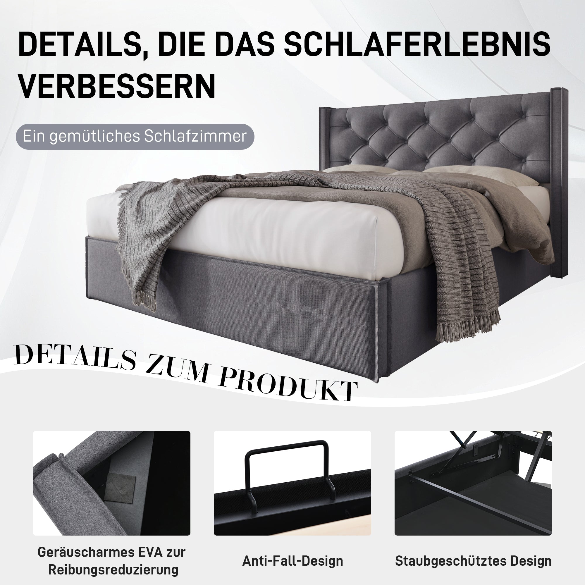 Logidon gestoffeerd bed 140x200 met opbergruimte hydraulisch grijs