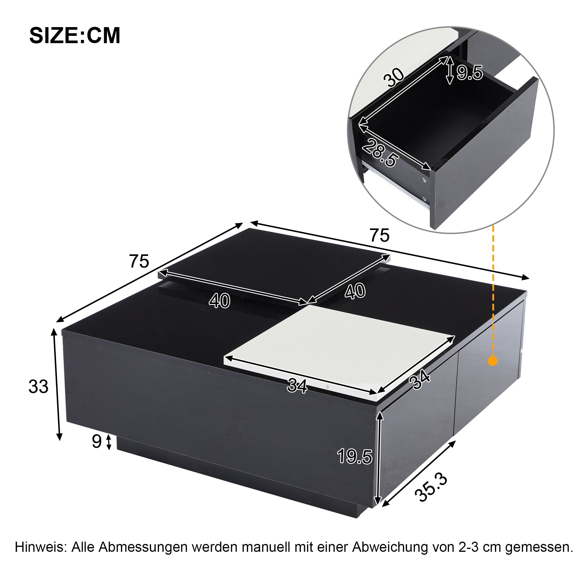 Logidon Hoogglans Salontafel Zwart Wit 75x75 Cm Met 4 Laden