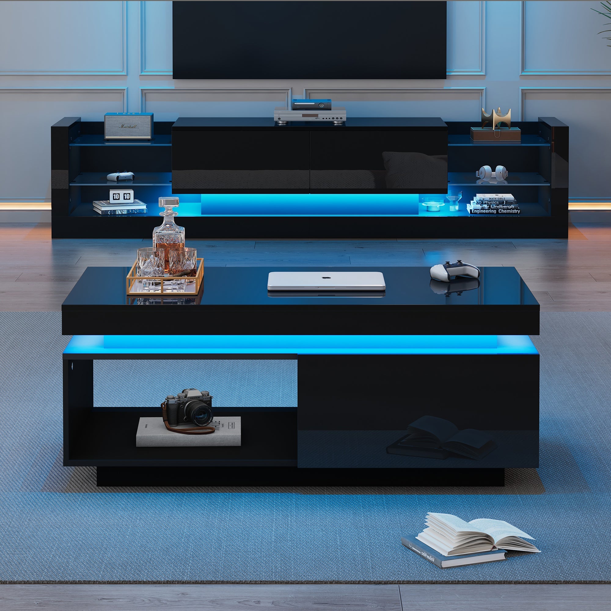 Logidon TV wall cabinet set black high gloss with LED lighting 181cm