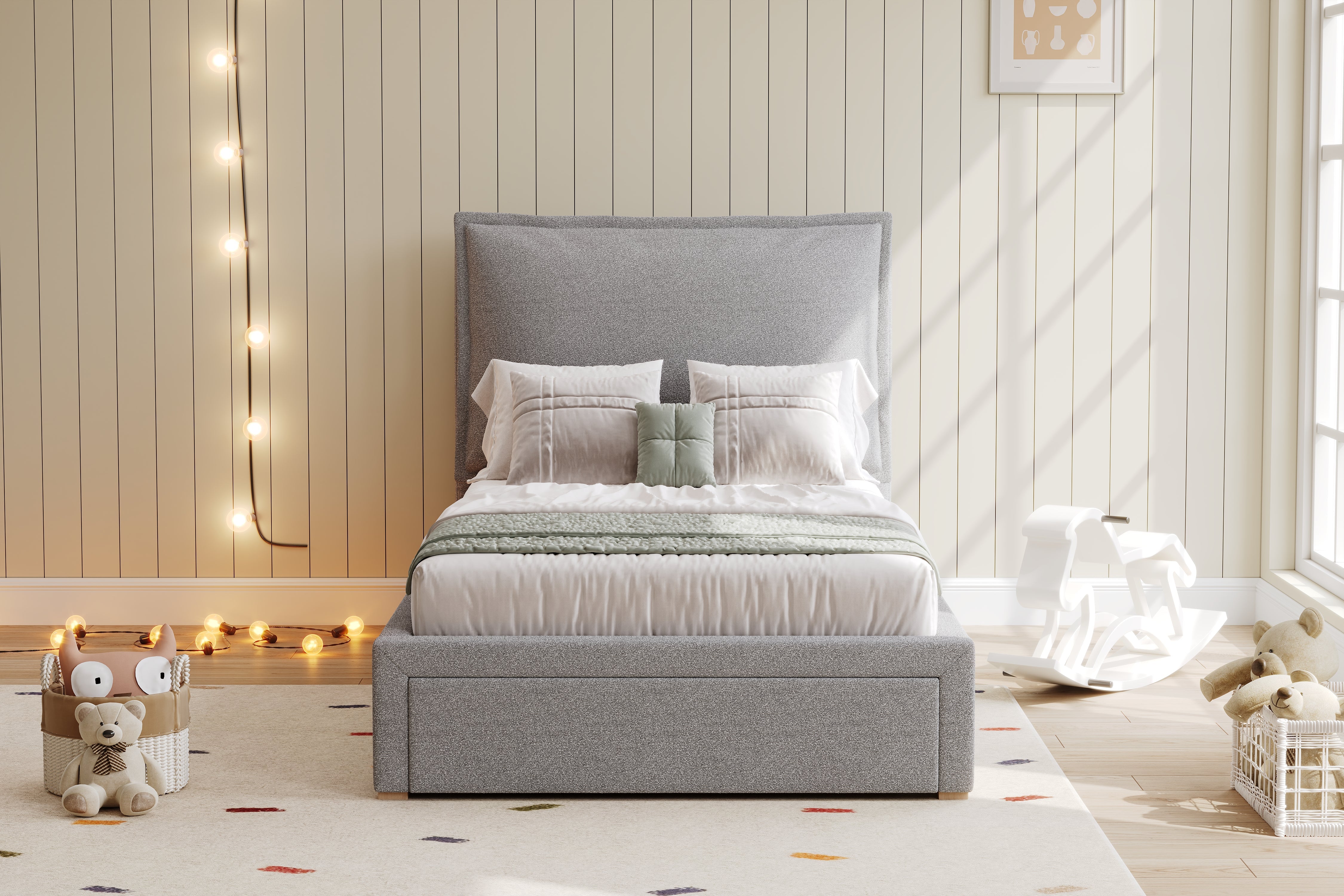 Logidon gestoffeerd bed 90x200 cm functioneel bed grote lade grijze chenille