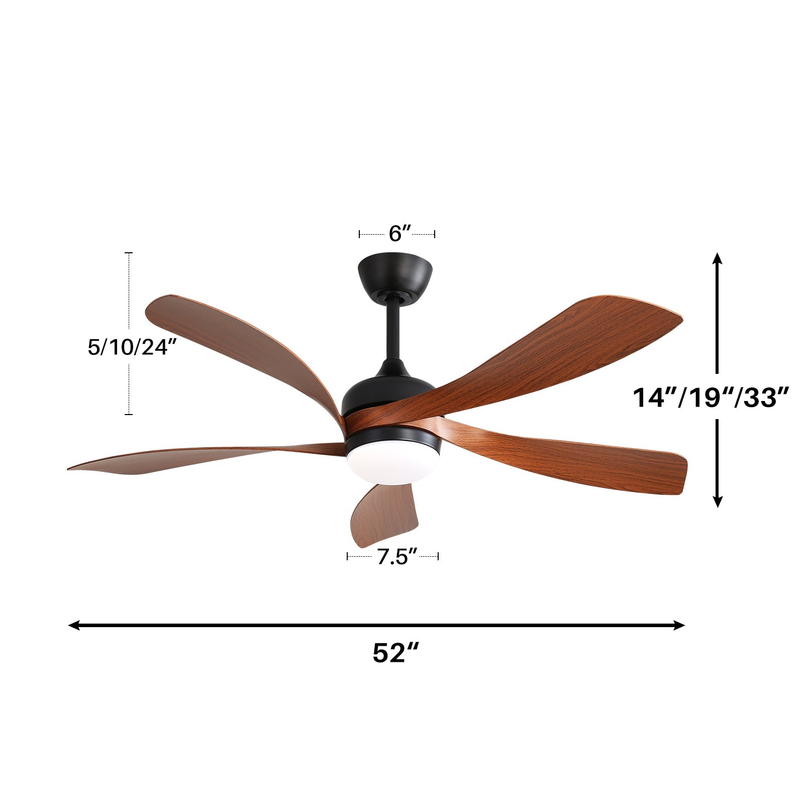 Logidon Plafondventilator 52 Inch Dimbaar 3 Kleuren LED Licht Zwart