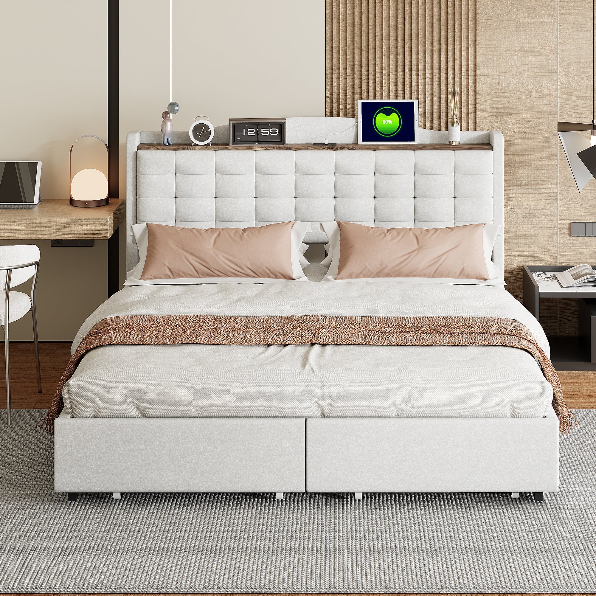 Logidon gestoffeerd bed 160x200 cm beige linnen stof USB-oplaadpoort