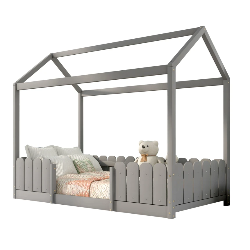 Logidon huisbed 90x200 cm grijs veelzijdig houten kinderbed met valbeveiliging