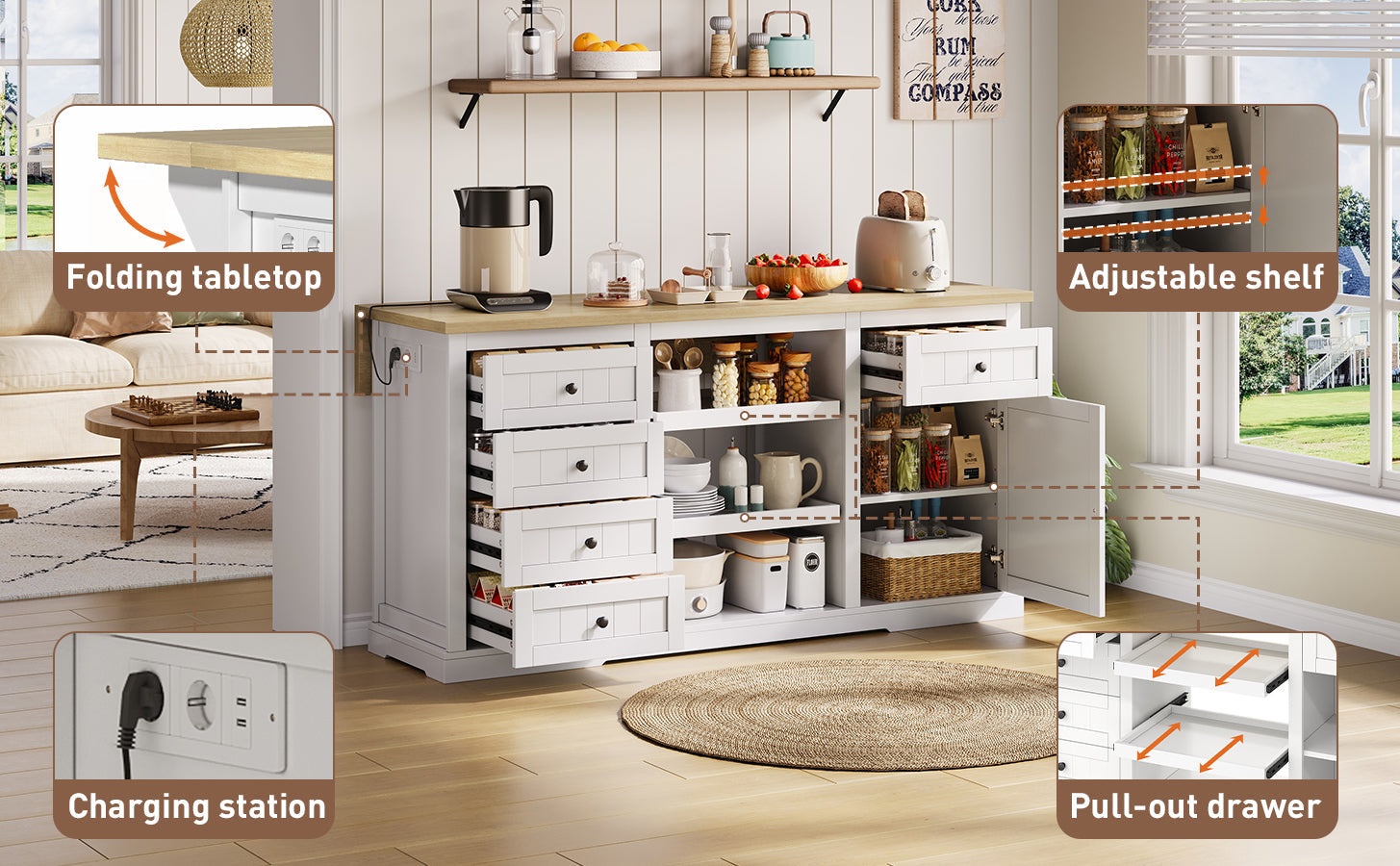 Logidon dressoir keukeneiland wit houten blad 5 laden 150x65x75 cm