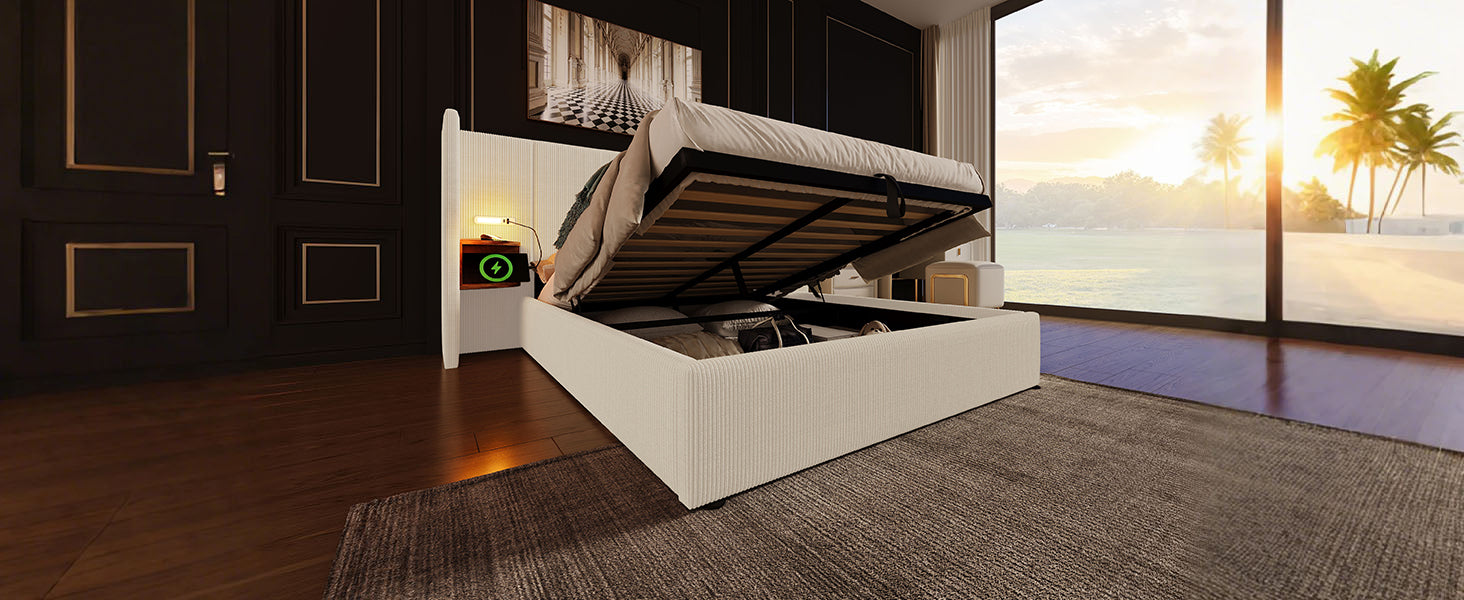 Logidon upholstered bed 160x200 beige white with USB-C charging function