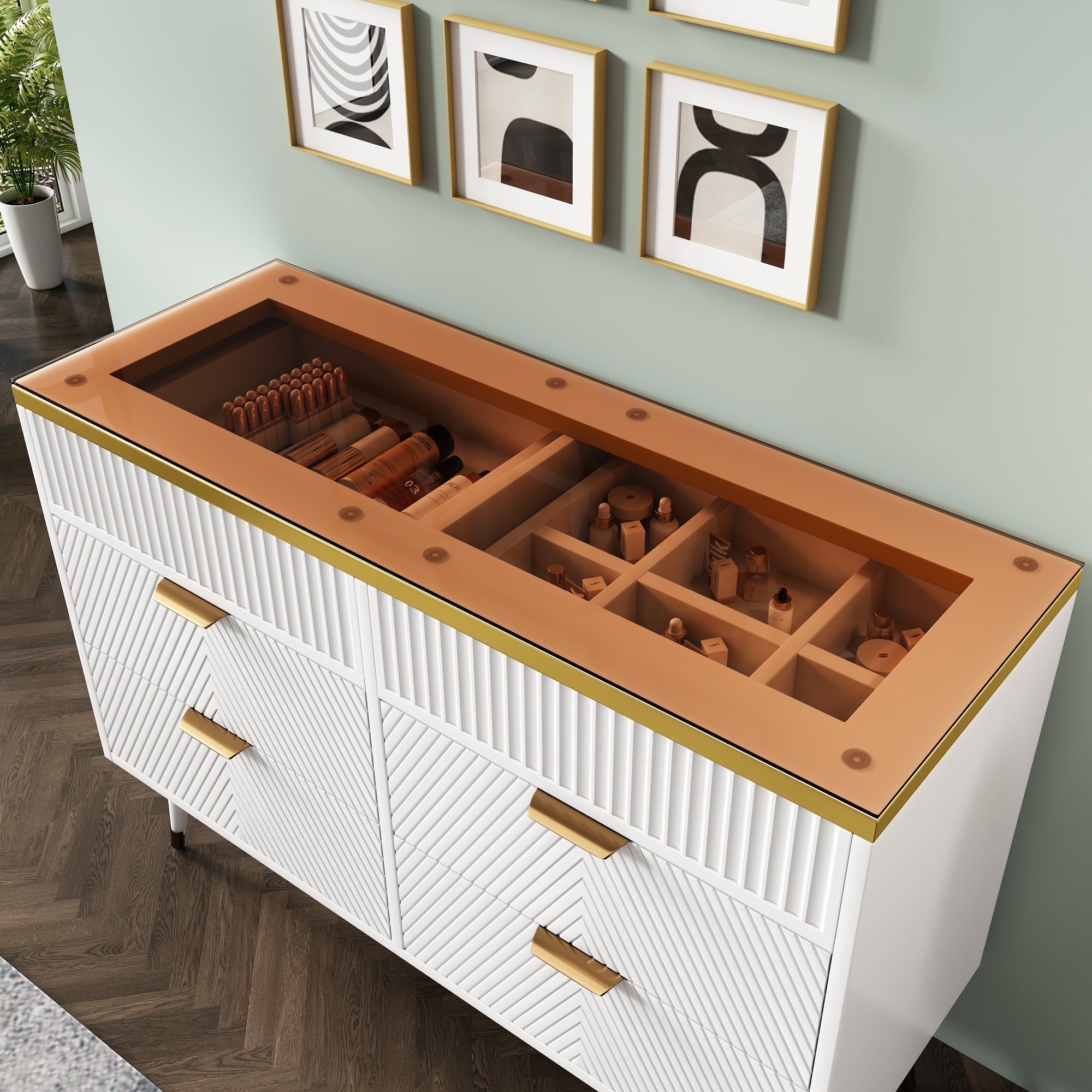 Logidon ladekast amber glazen dressoir 6 lades 120x40x76 wit
