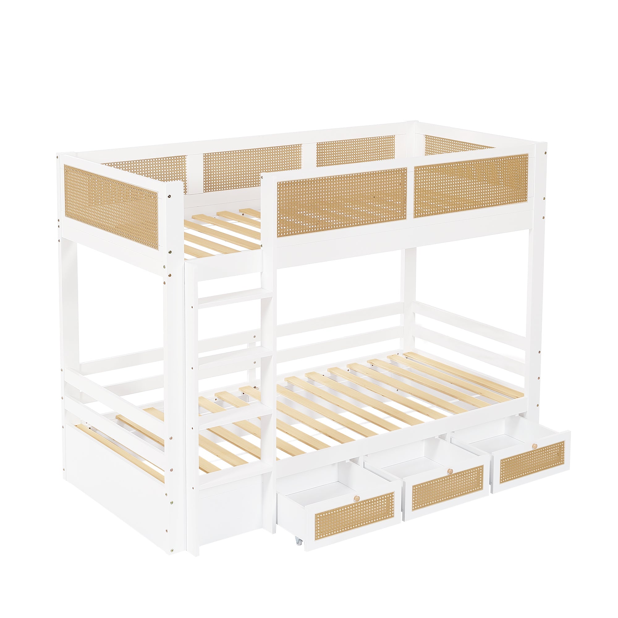 Logidon stapelbed 90x200 cm wit met rotan hekwerk drie lades