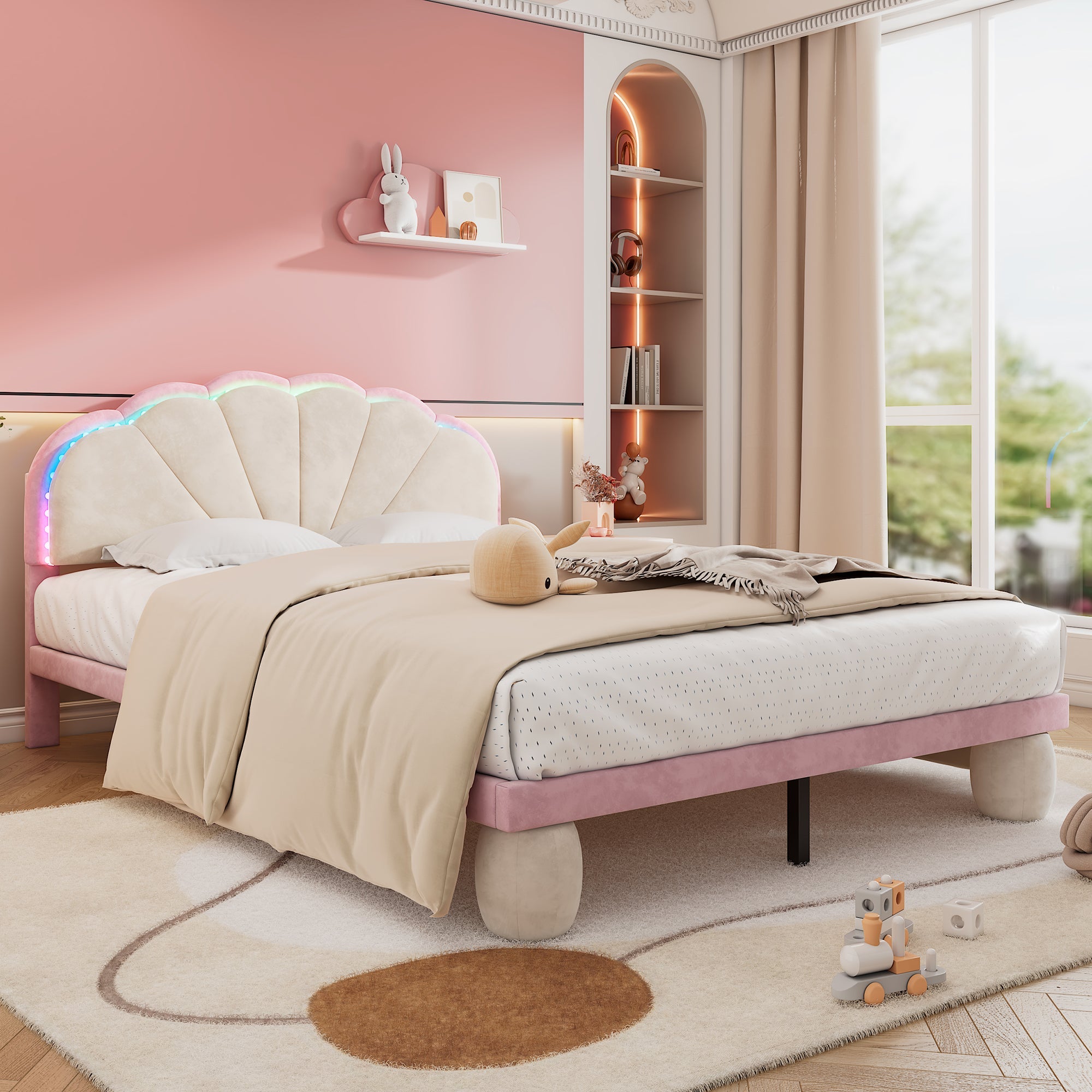 Logidon gestoffeerd bed 140x200 beige roze LED-lichtstrips
