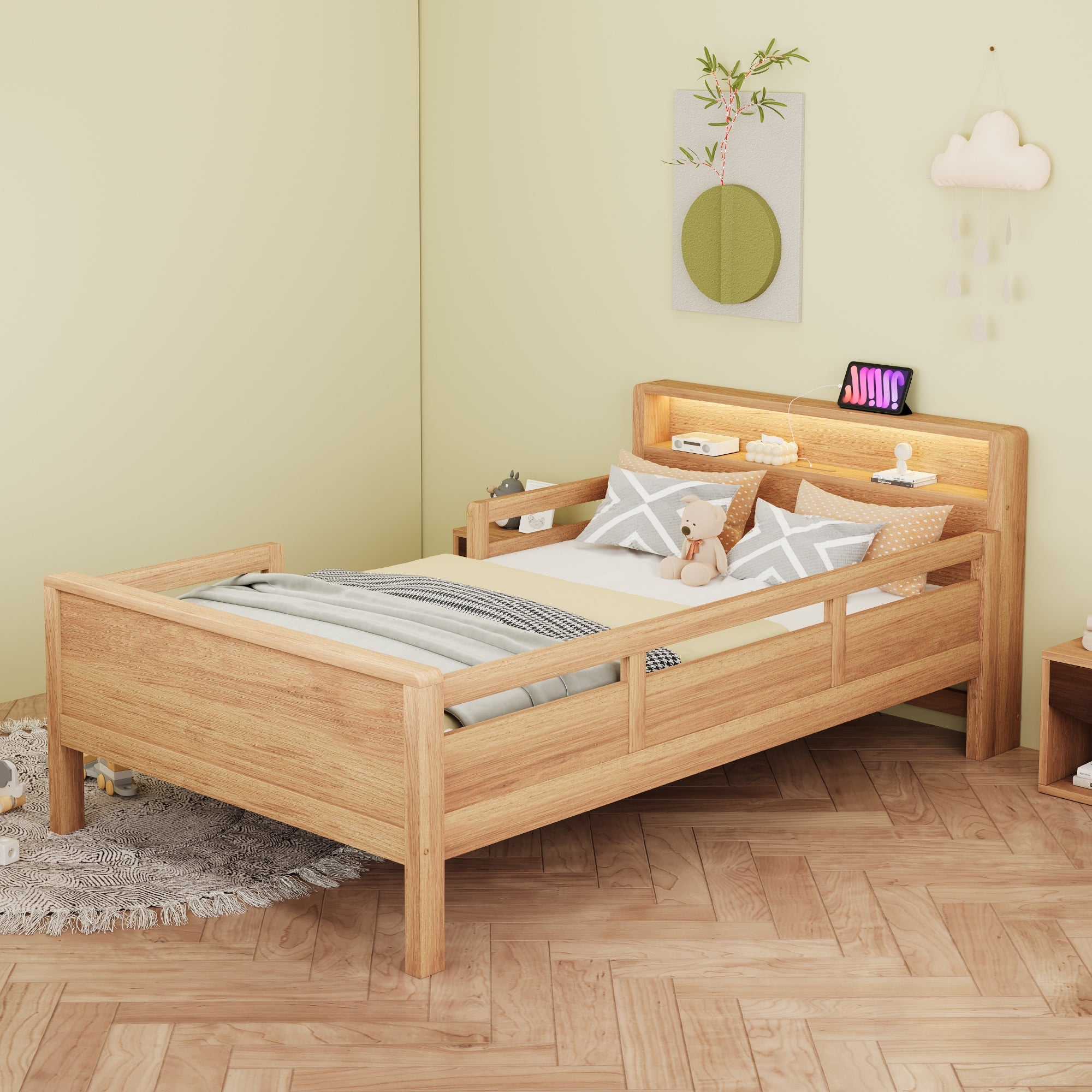 Logidon houten bed 90x200 cm naturel met USB-C stopcontact en LED