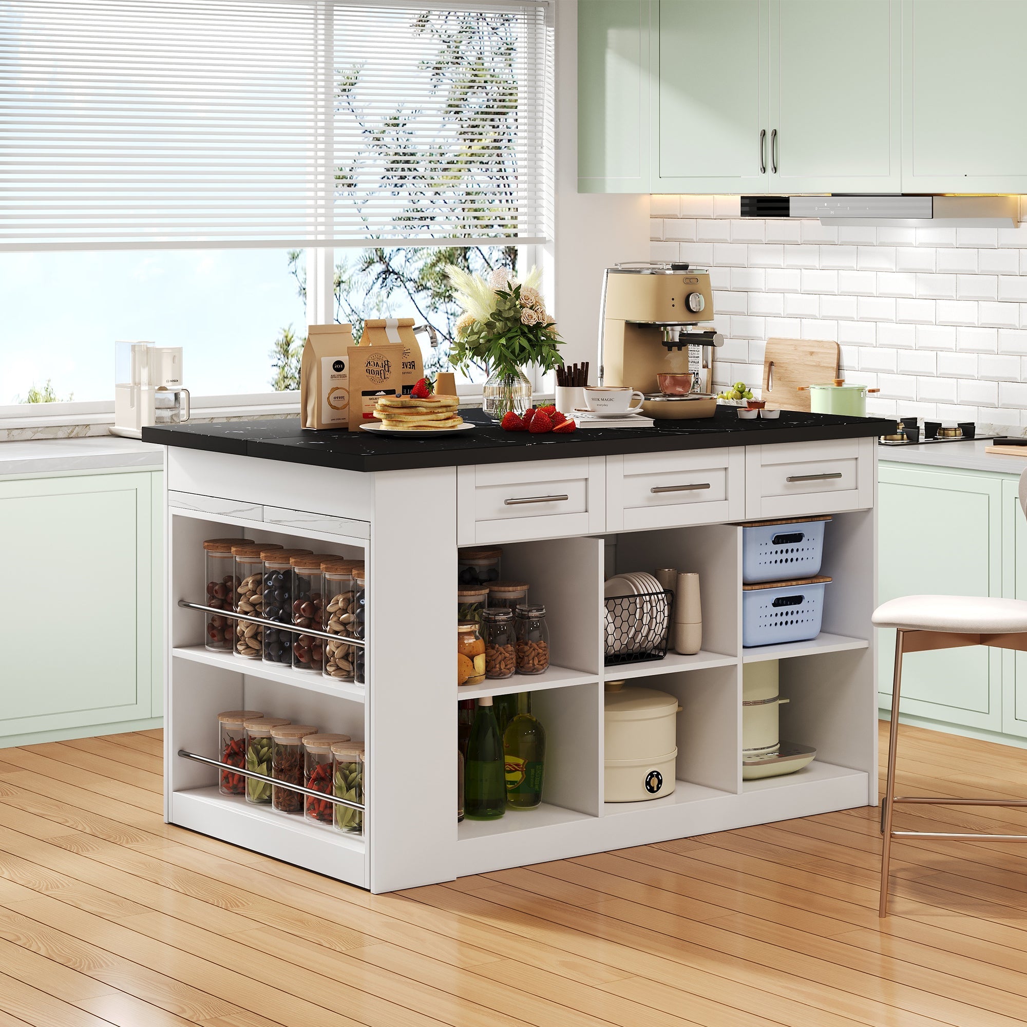 Logidon keukeneiland 150x96 cm wit met marmeren blad uitschuifbare eettafel