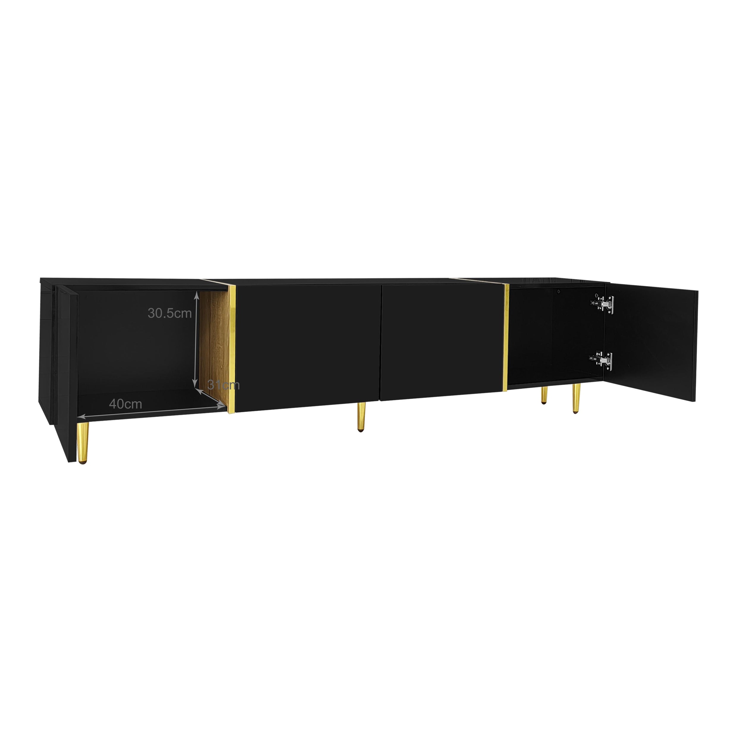 Logidon high-gloss TV cabinet 170 cm black-gold, 4 doors, modern