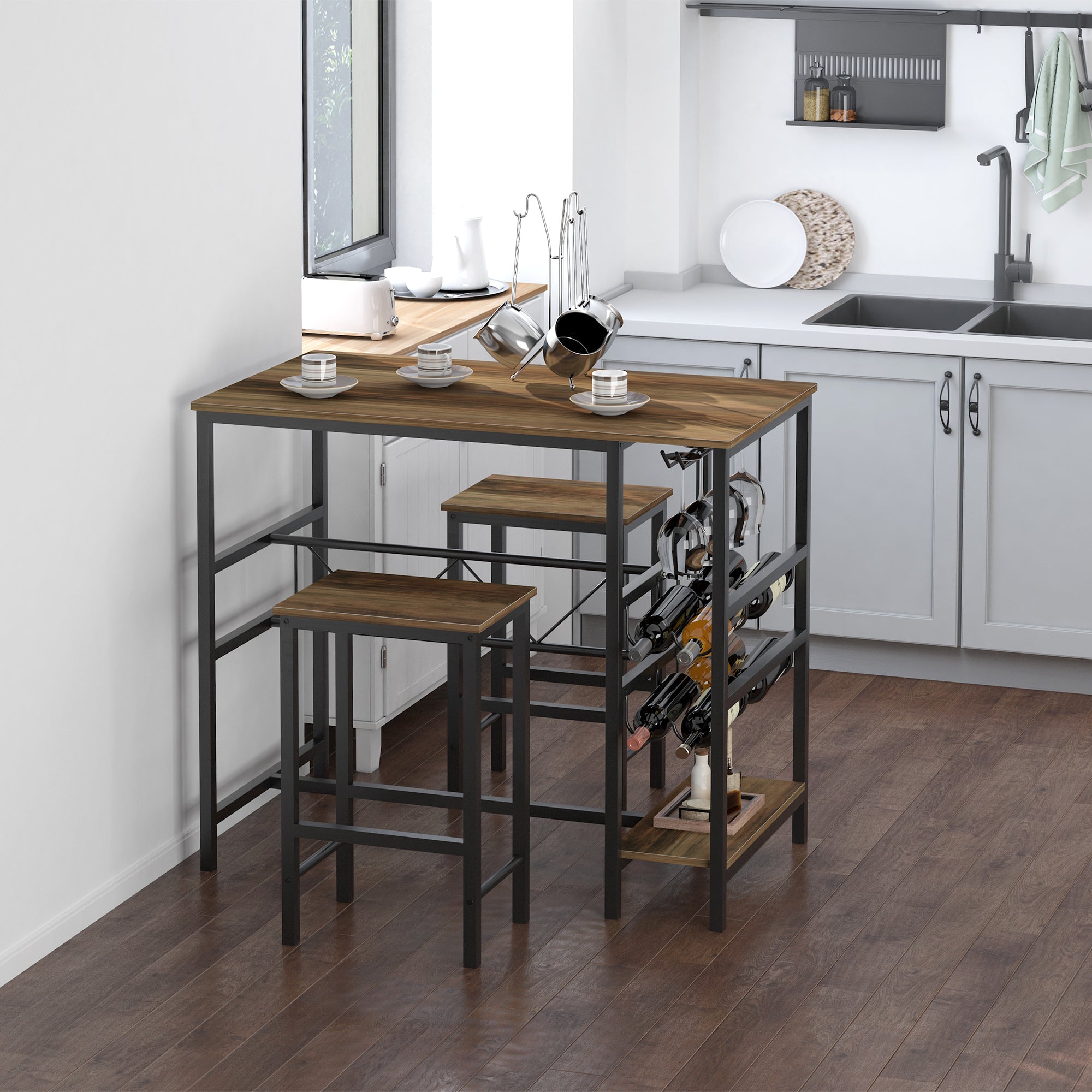 Logidon Bar Table Set 3 Pieces Natural Wood and Black 108x60x95 cm
