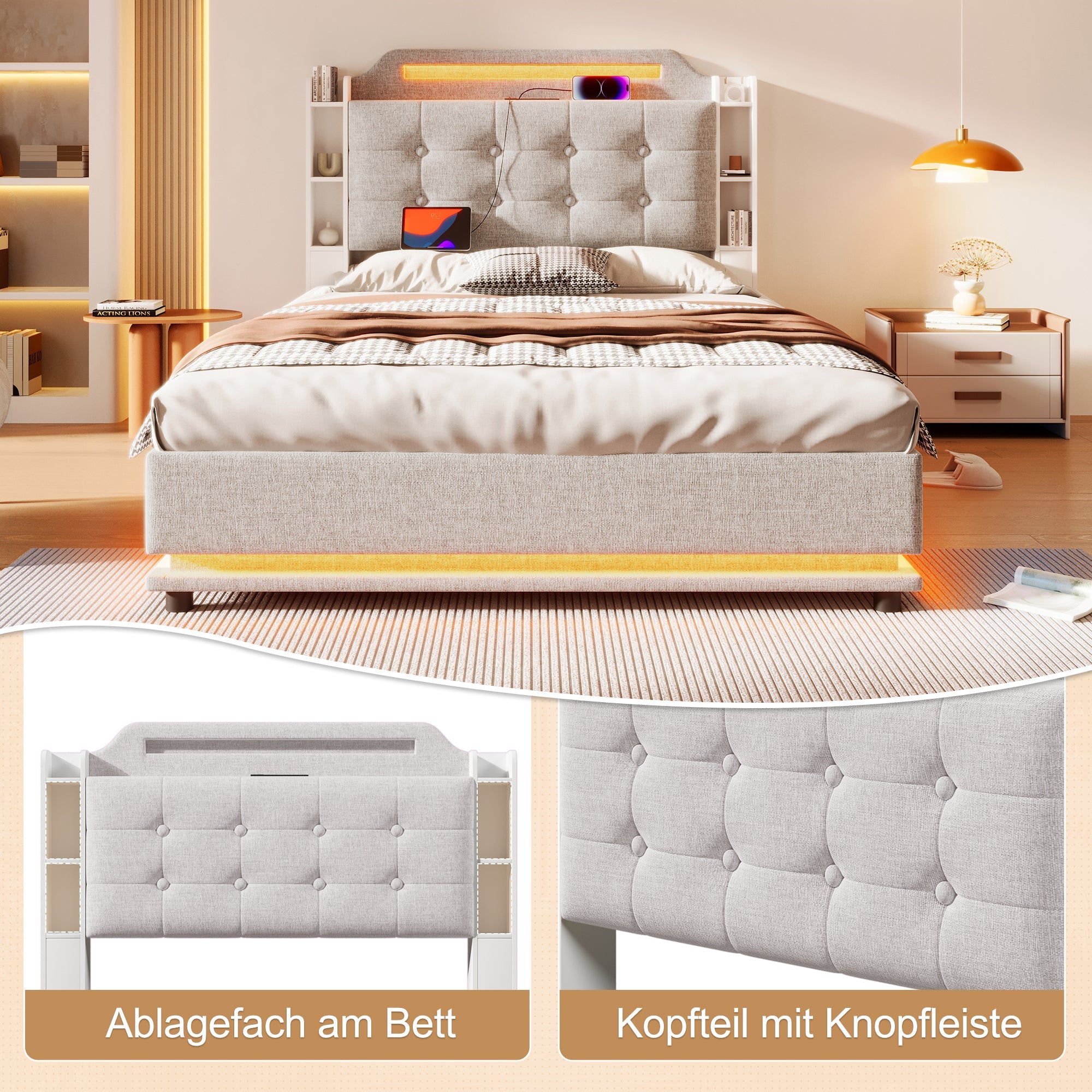 Logidon gestoffeerd bed 140x200 beige met LED lichtstrip en opbergruimte