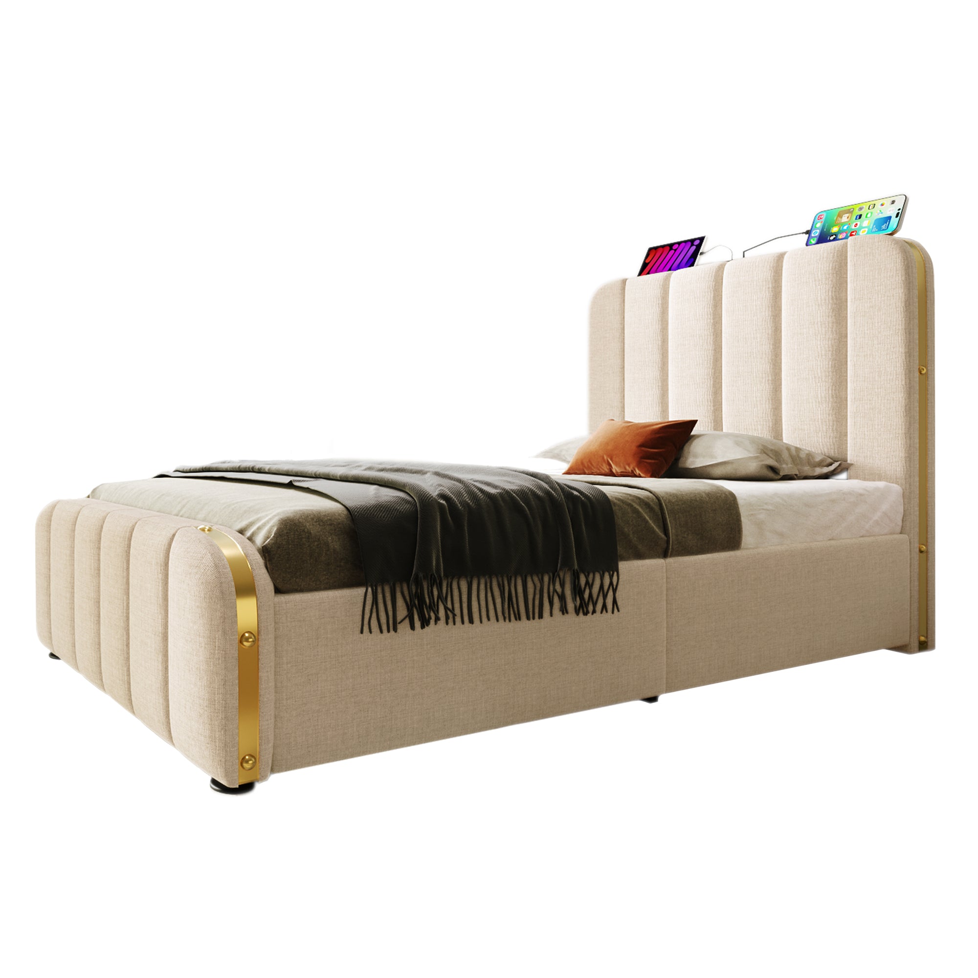 Logidon gestoffeerd bed 90x200 beige USB Type C oplaadfunctie 4 lades