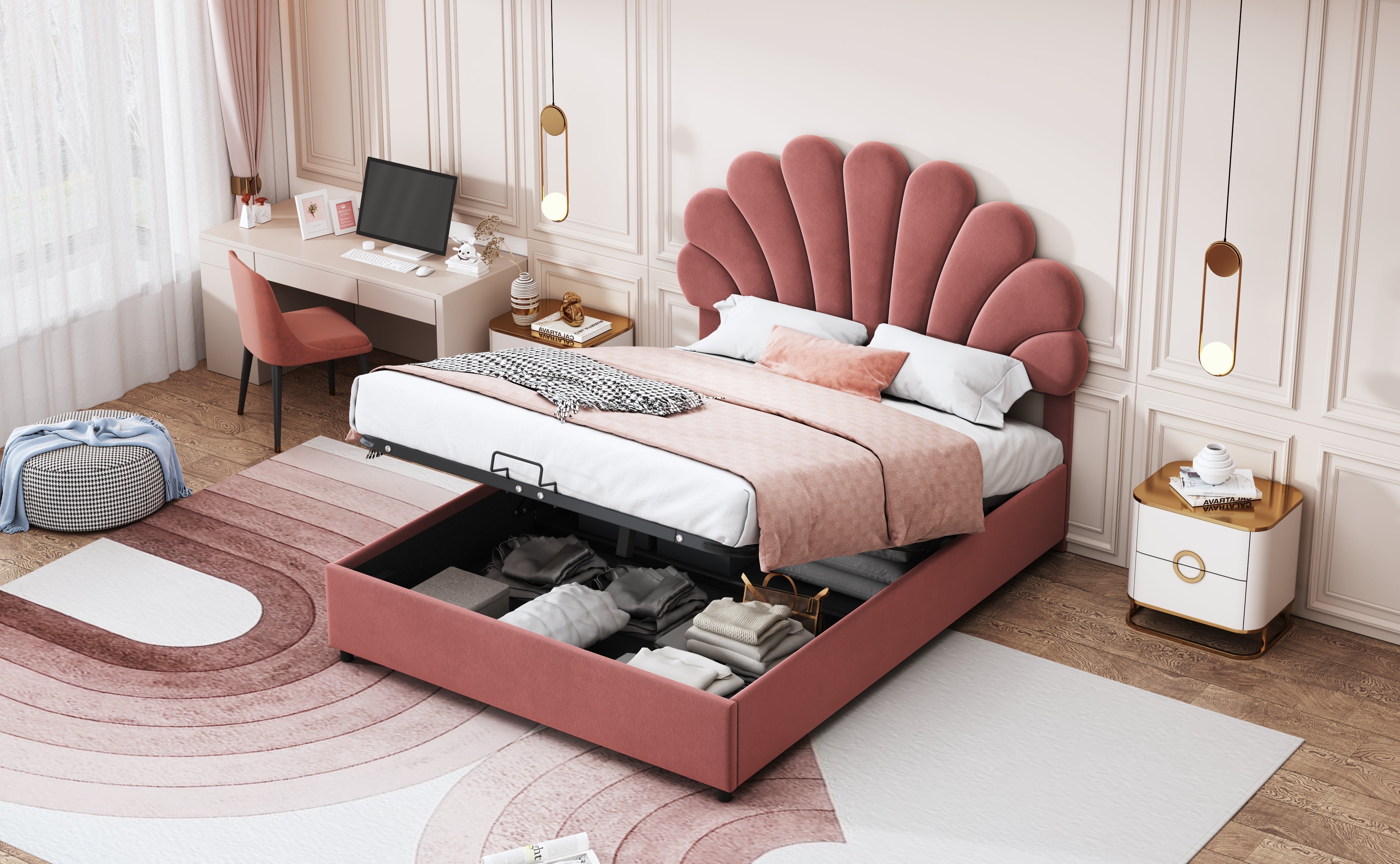 Logidon upholstered bed 140x200 pink with floral headboard and storage space