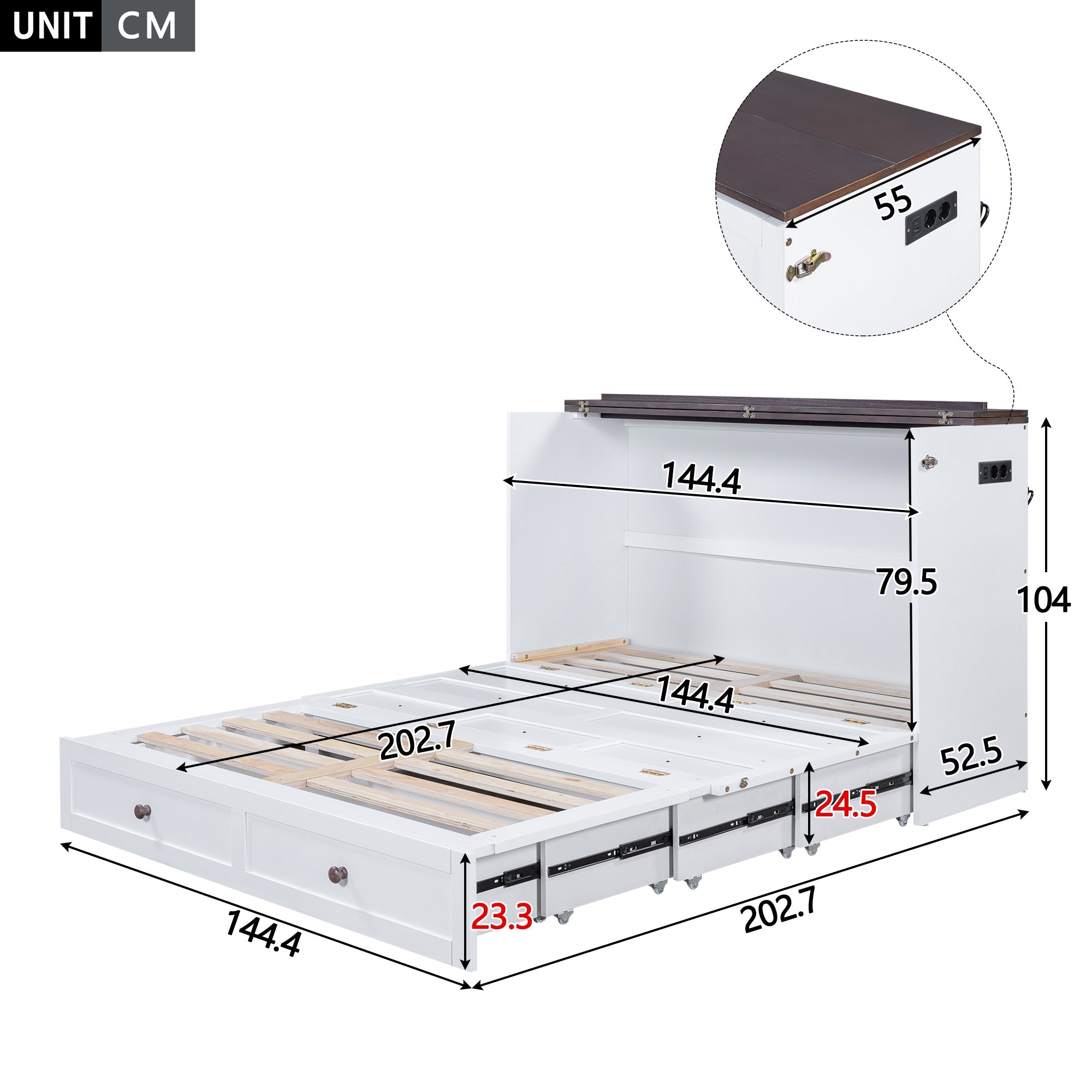 Logidon opklapbed 140x200 wit met USB-laden en hoofdbordplank