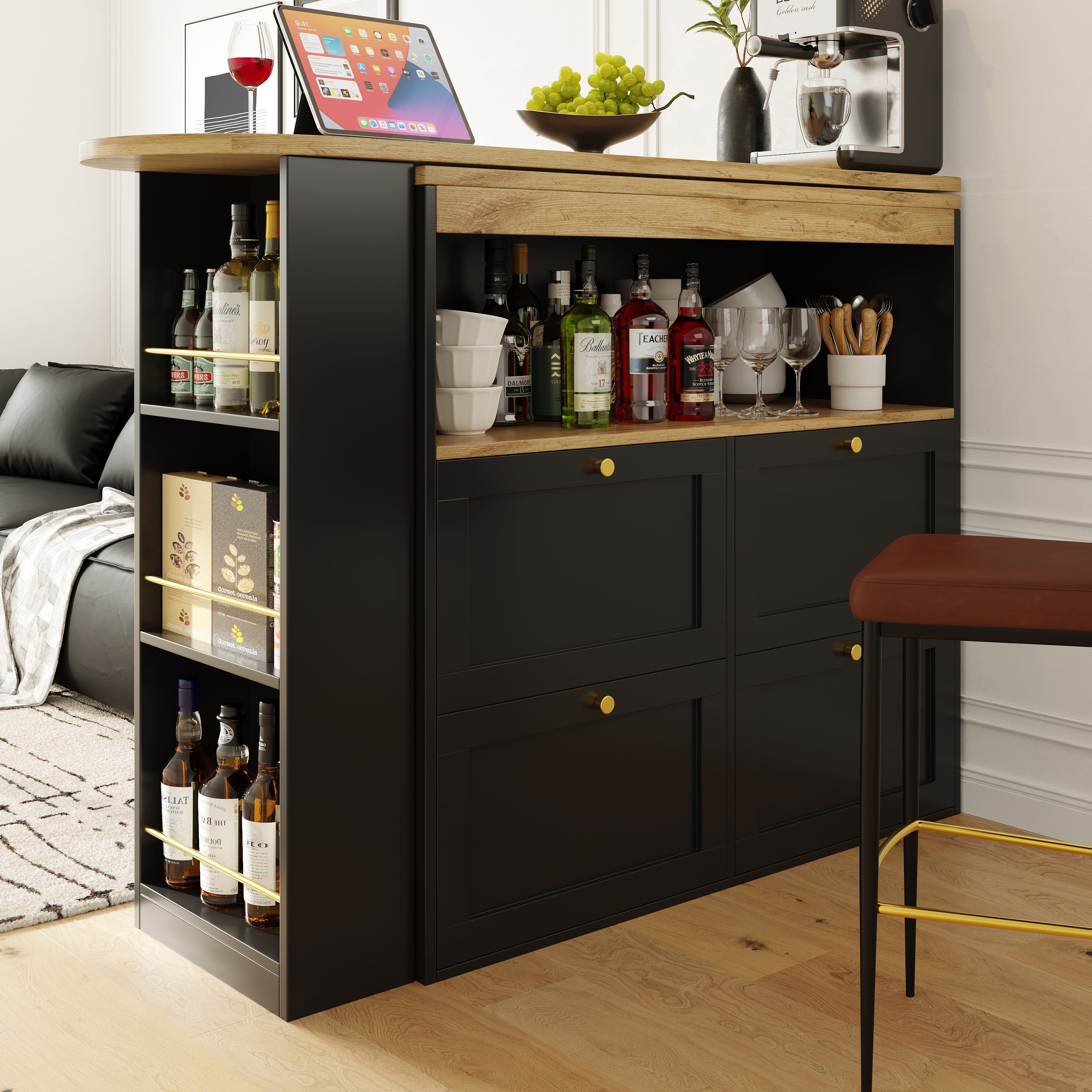 Logidon 360 graden draaibare eetbar zwart 138 cm - 4 lades