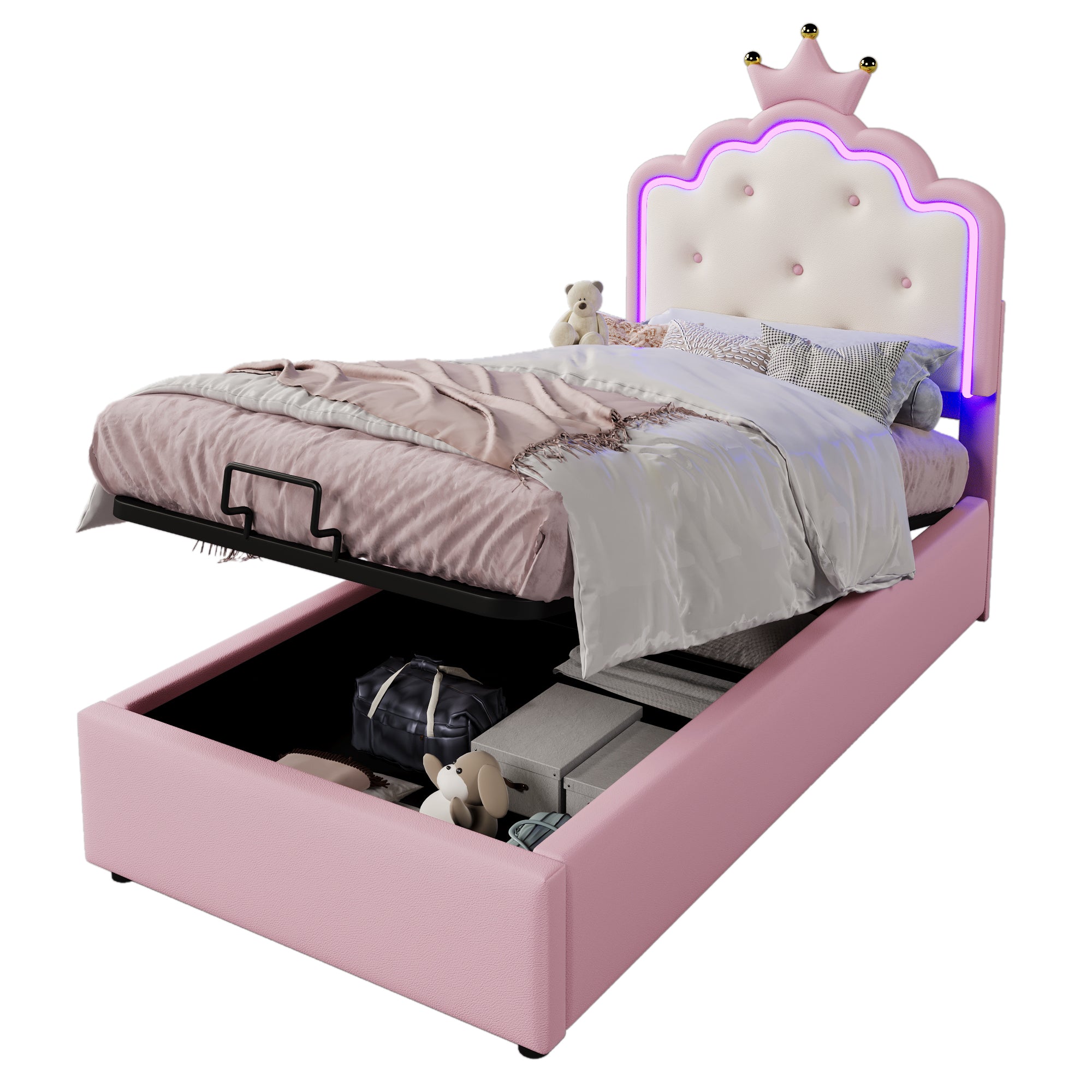 Logidon gestoffeerd bed 90x200 roze met sfeerlicht en opbergruimte