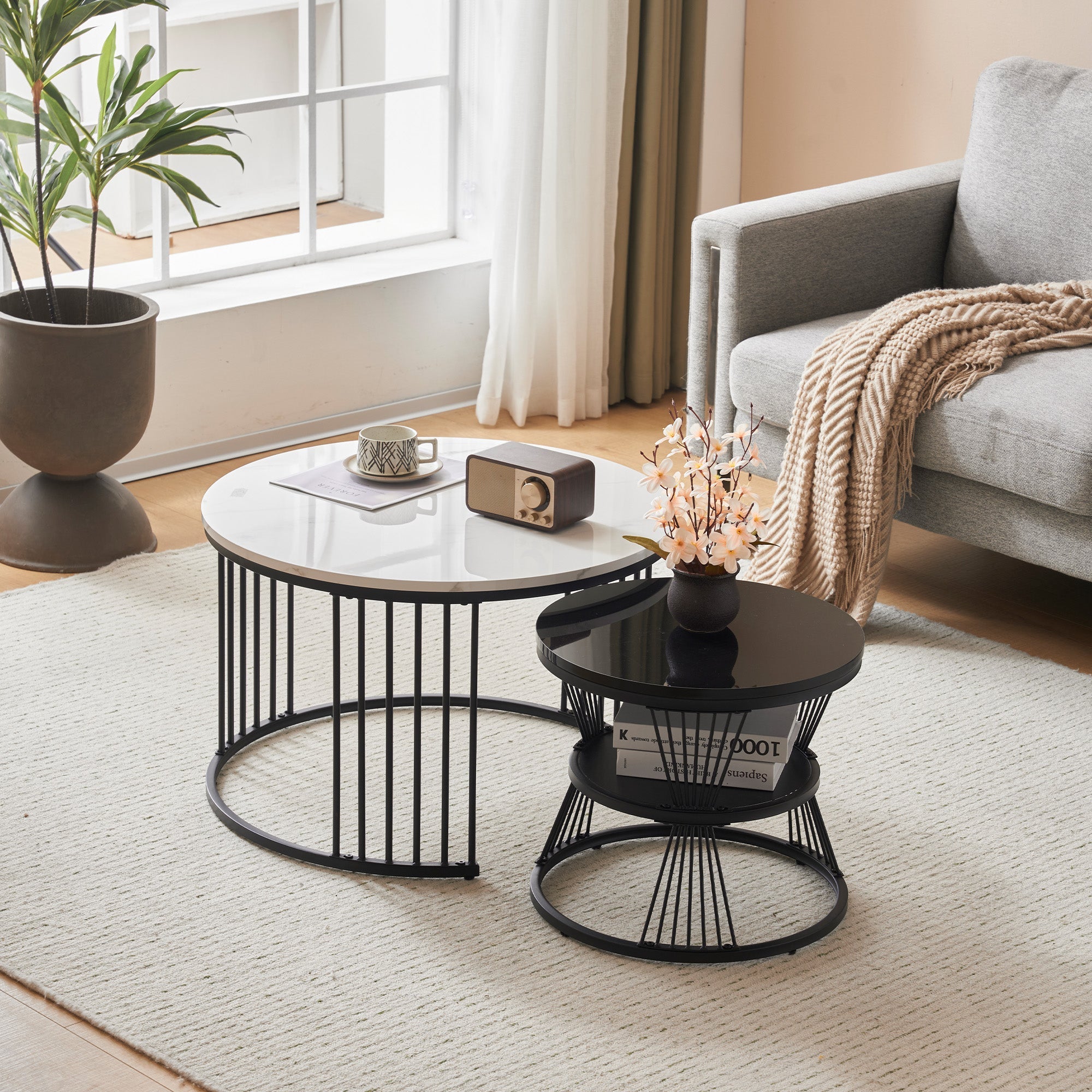 Logidon Moderne Nesting Salontafel Set van 2 Hoogglans Blad Zwart