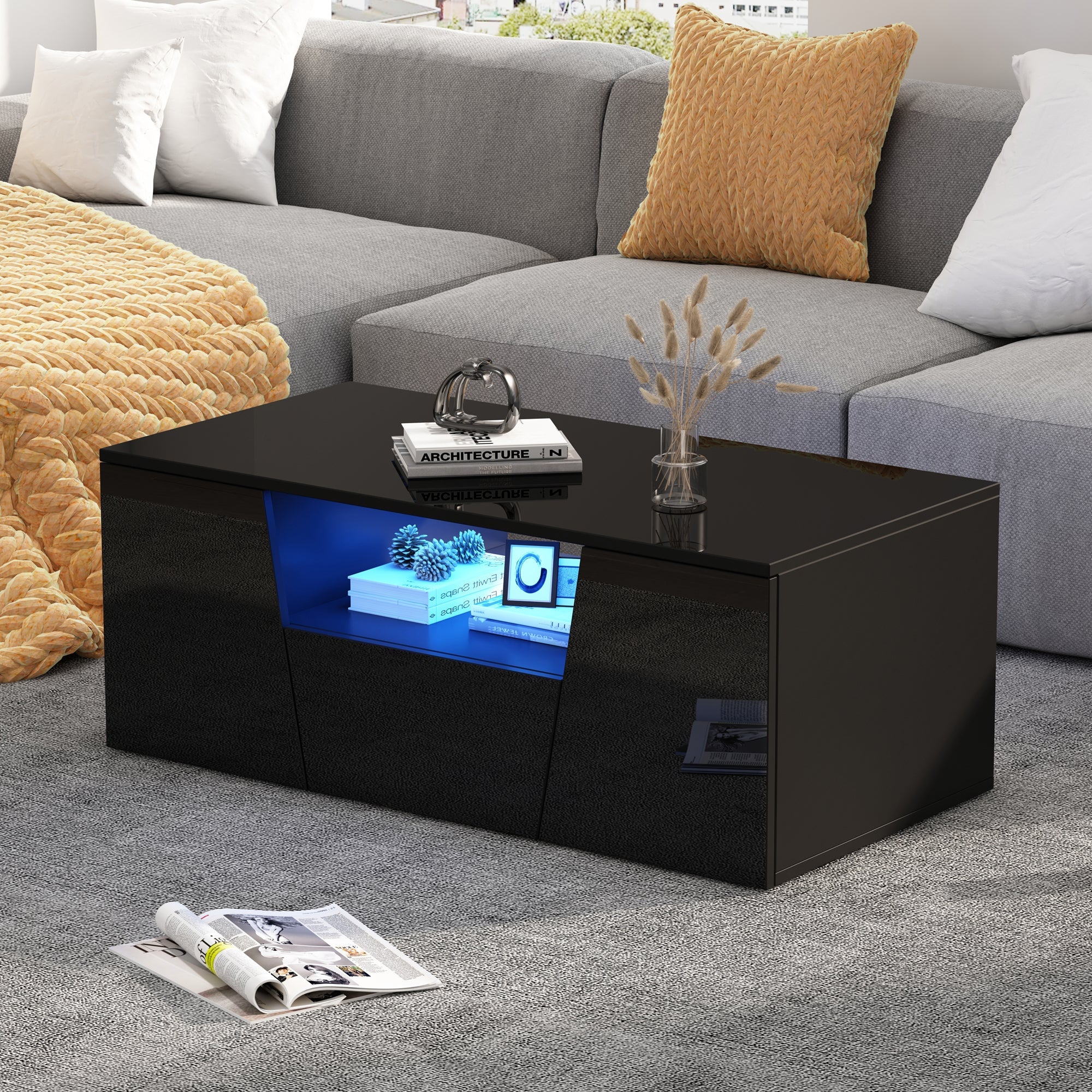 Logidon coffee table 100x50x40 cm black with LED 2 cabinets 1 drawer