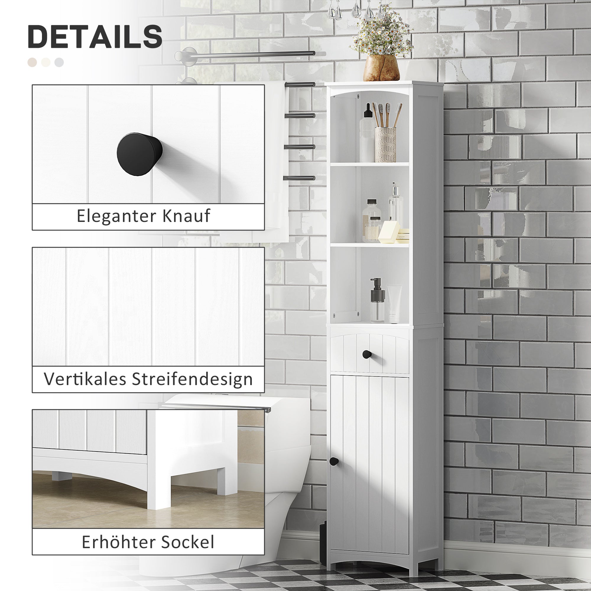 Logidon tall bathroom cabinet white 3 shelves, 1 drawer 34x24x170.5 cm
