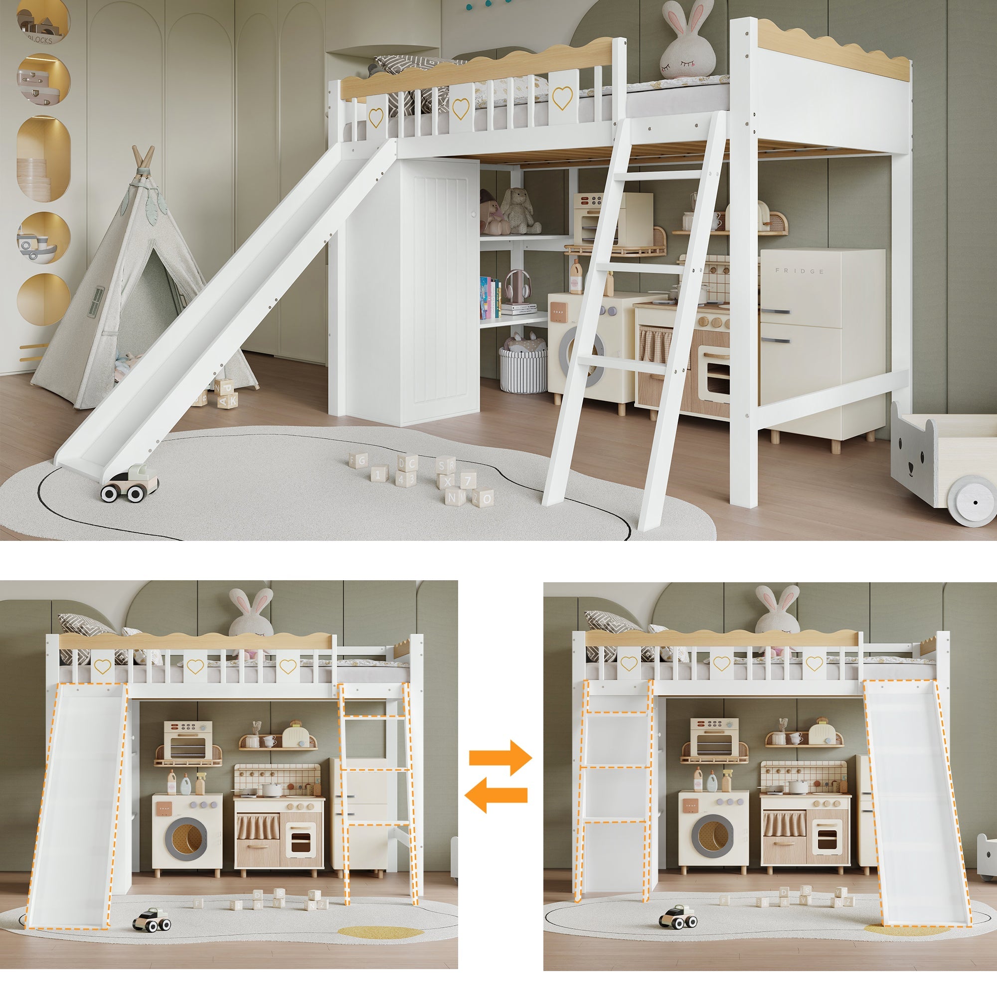 Logidon hoogslaper 90x200 cm met glijbaan en kledingkast wit naturel