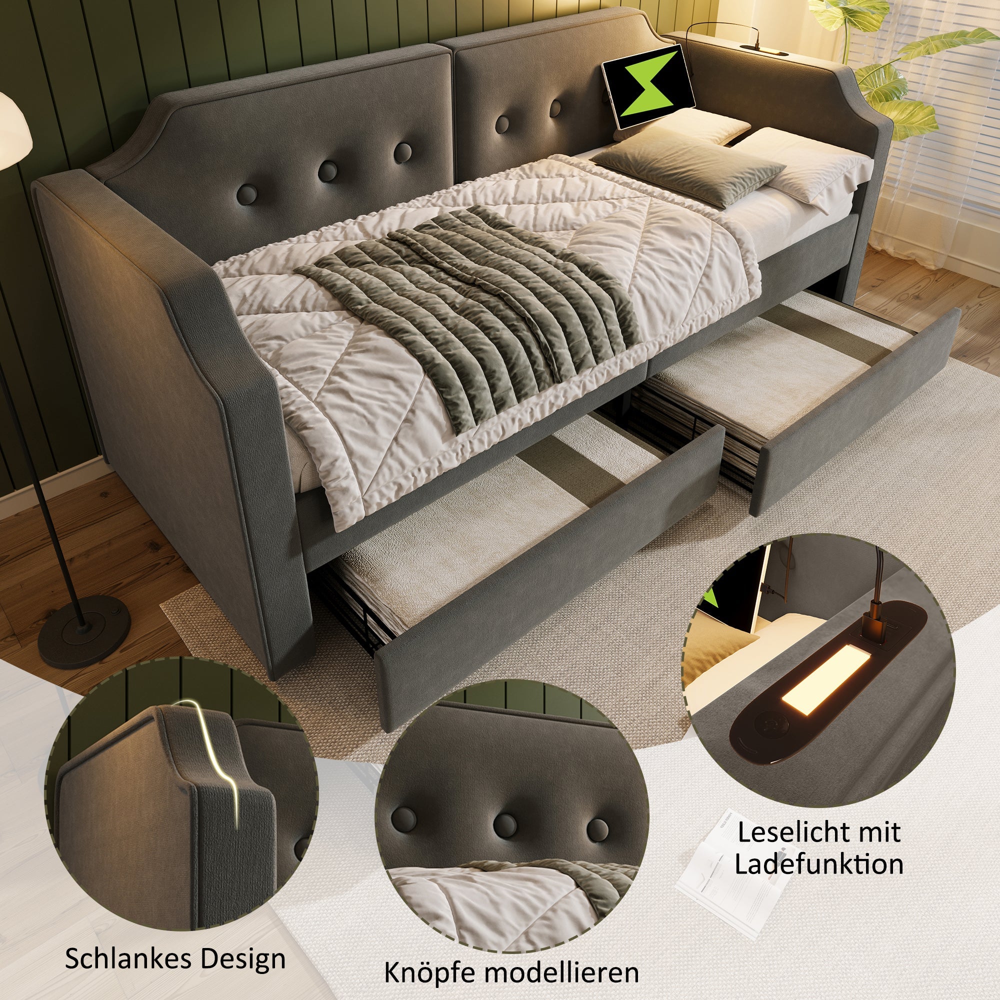 Logidon gestoffeerde slaapbank 90x200 cm fluweelgrijs USB-leeslamp