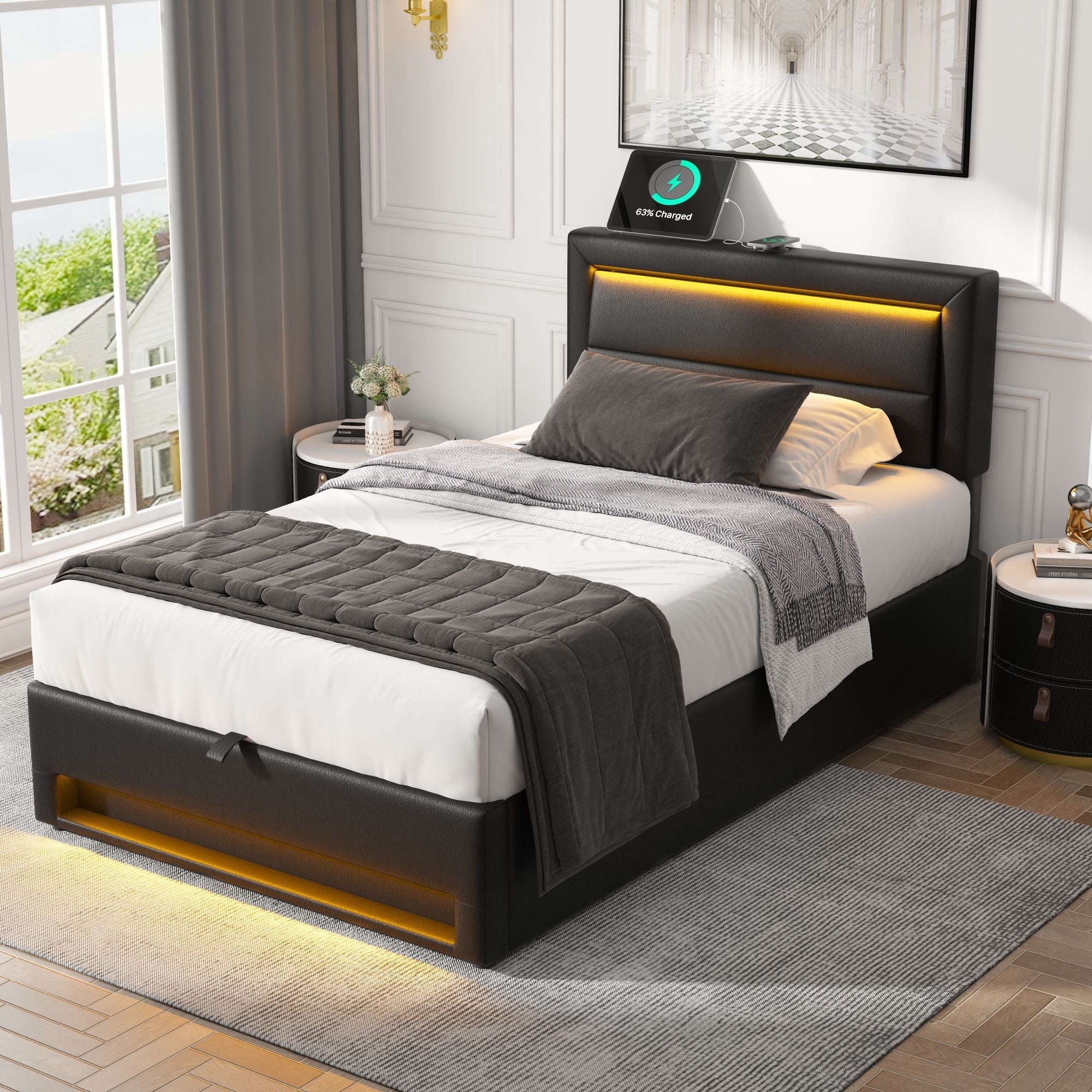 Logidon gestoffeerd bed 90x200 zwart USB-oplaadpoort LED-verlichting