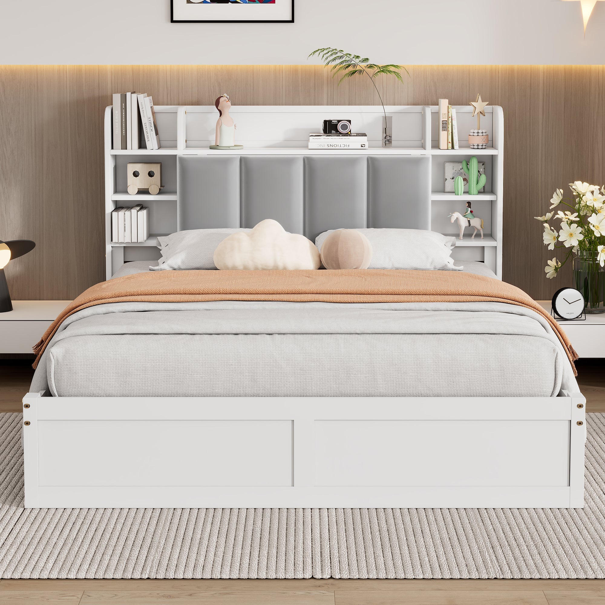 Logidon tweepersoonsbed witgrijs 140x200 cm plank drie lades op wielen