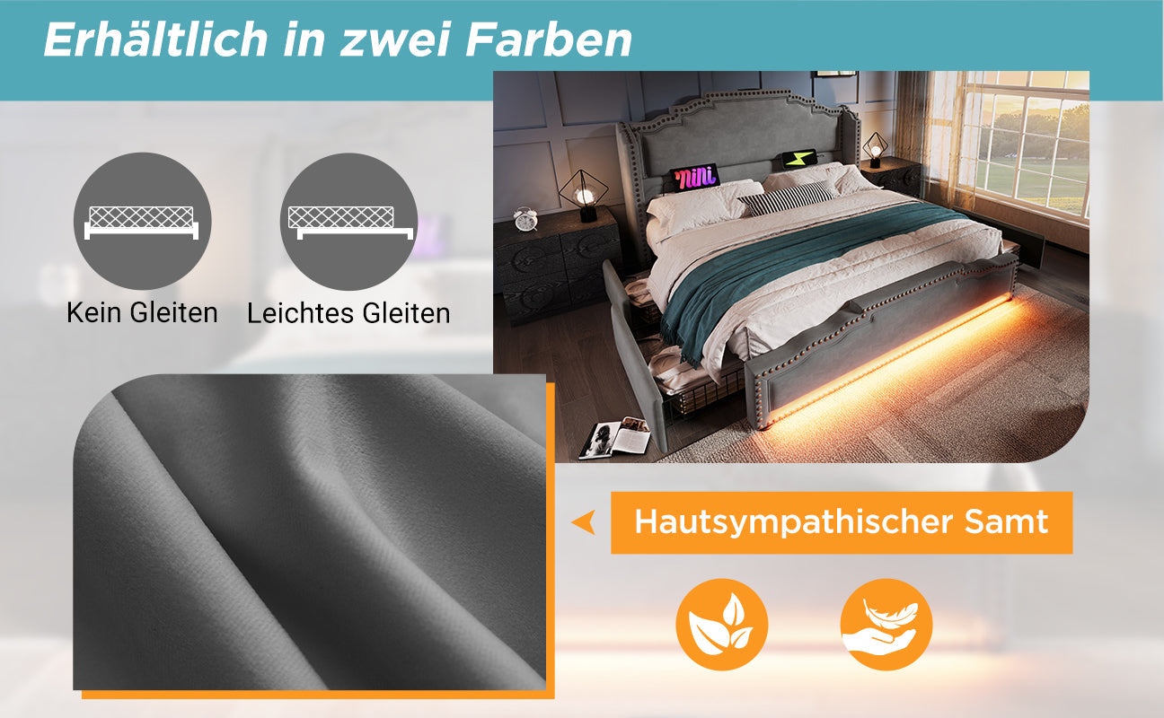 Logidon gestoffeerd bed 140x200 fluweelgrijs met 4 oplaad-LED-lampjes USB C