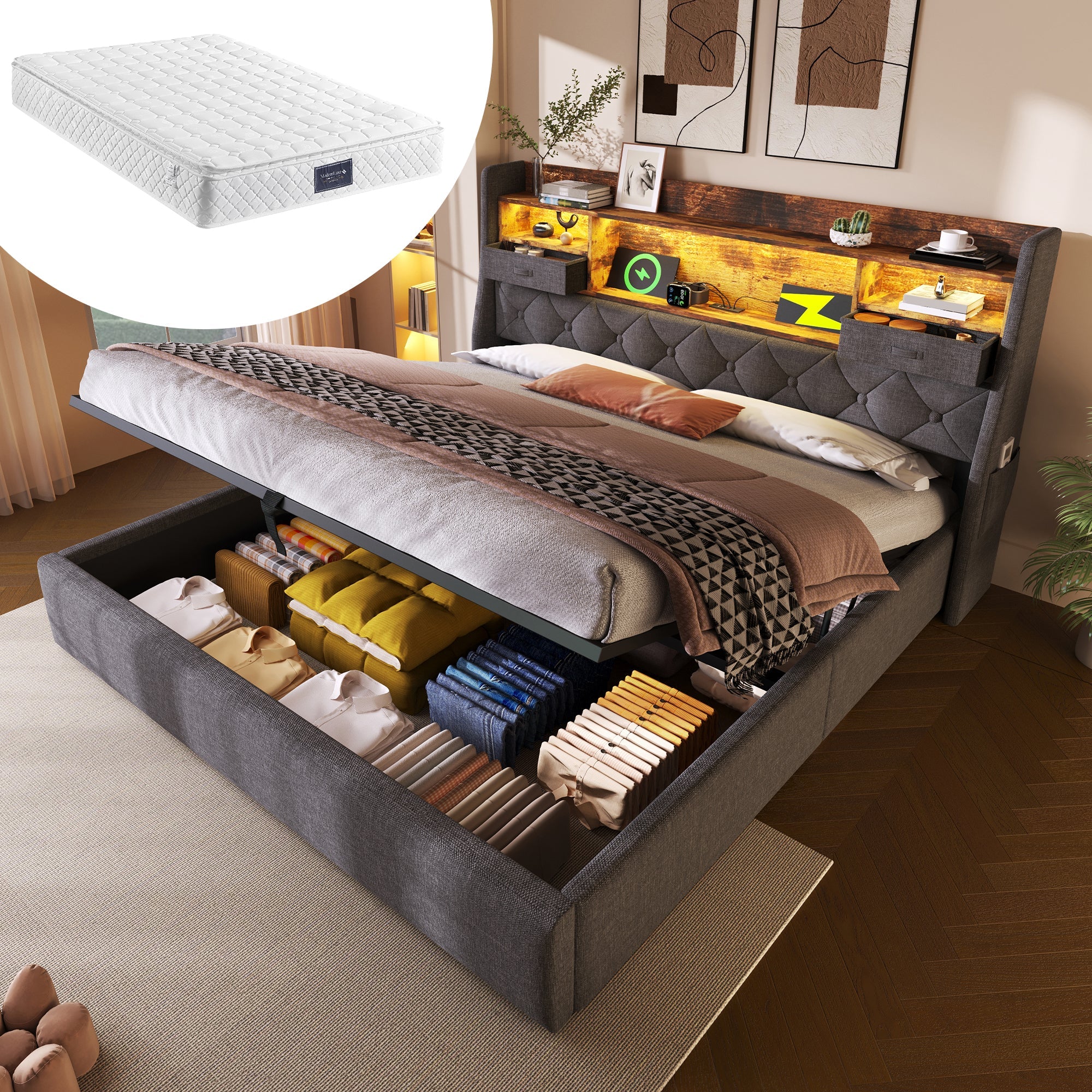 Logidon gestoffeerd bed 160x200 cm met opbergruimte, LED-hoofdbord, USB-C