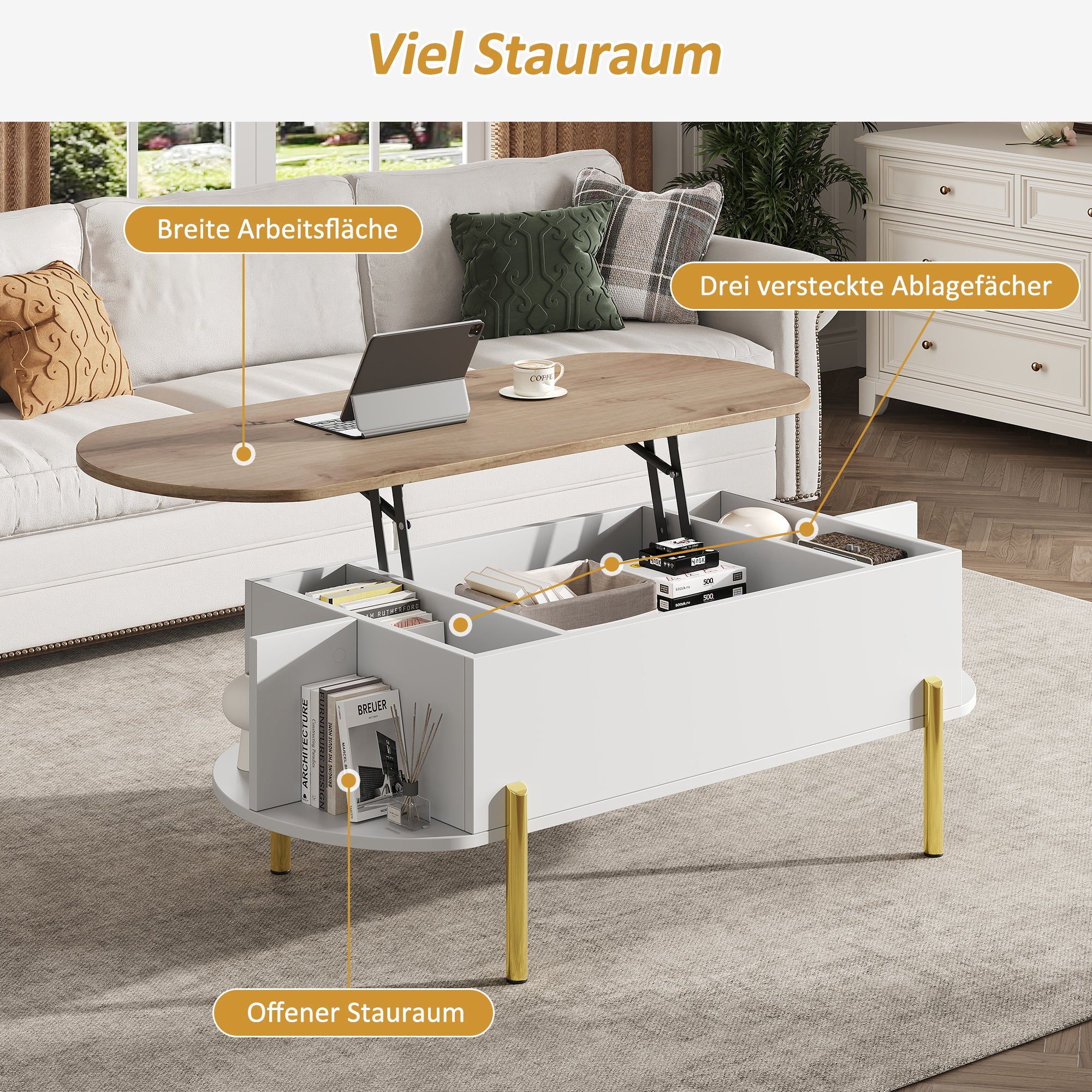 Logidon Verstelbare Salontafel 120x50x43 cm Met Opbergruimte Wit Hout