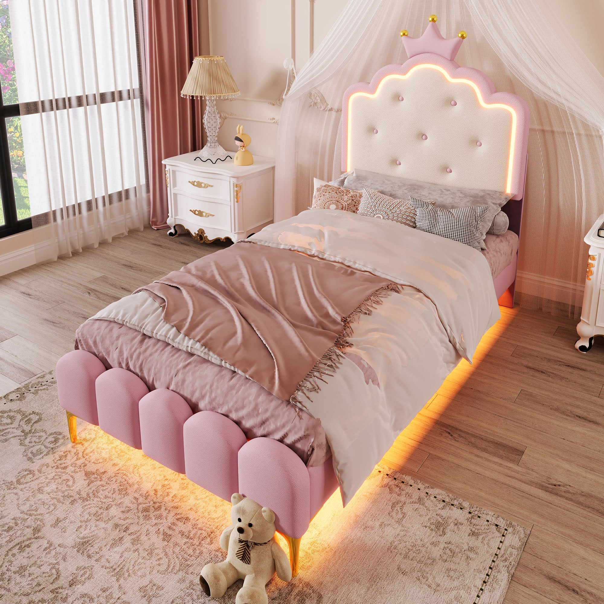 Logidon upholstered bed 90x200 crown princess shape pink with slatted frame