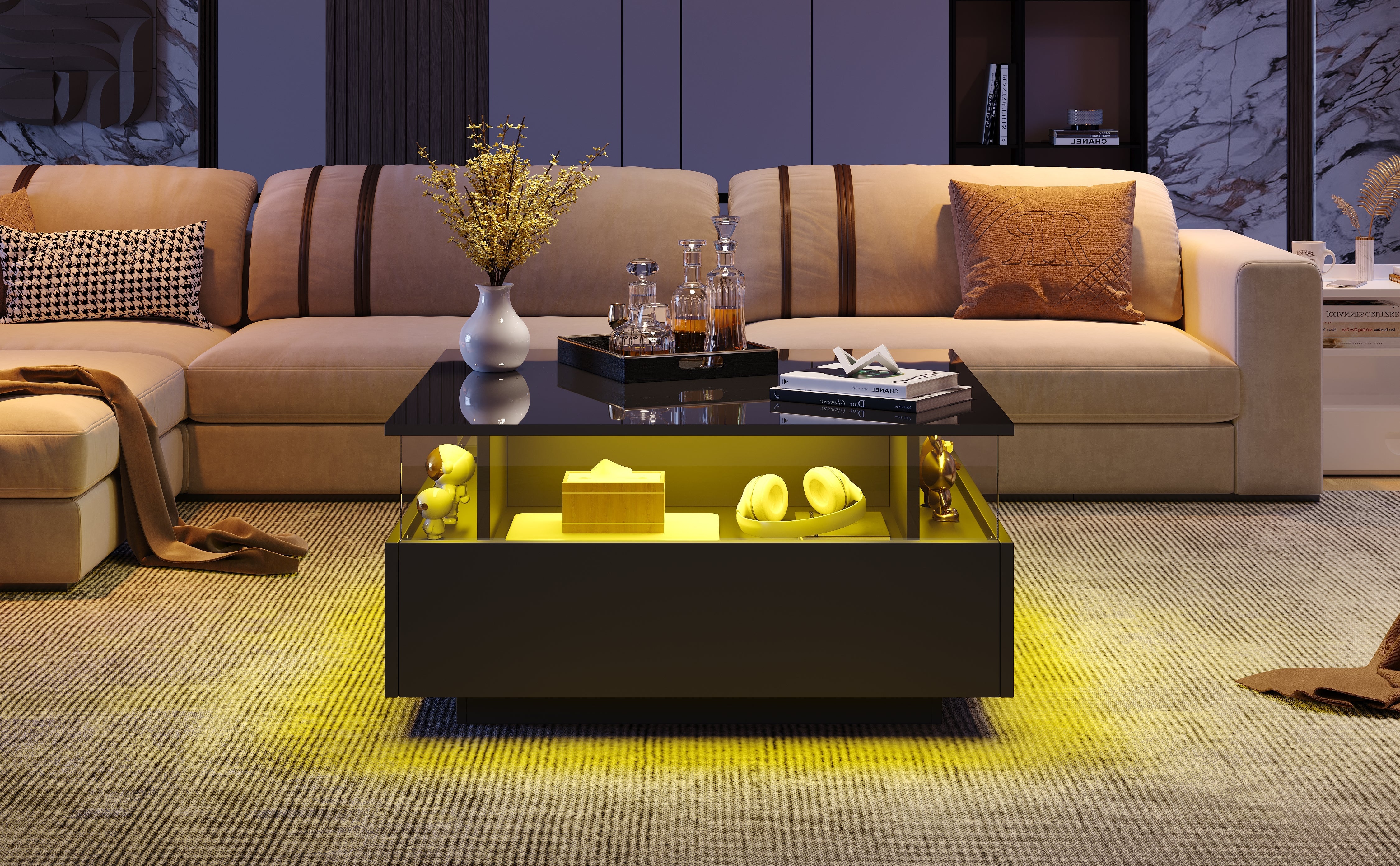 Logidon hoogglans LED salontafel 90x55x45 cm zwart 2 lades