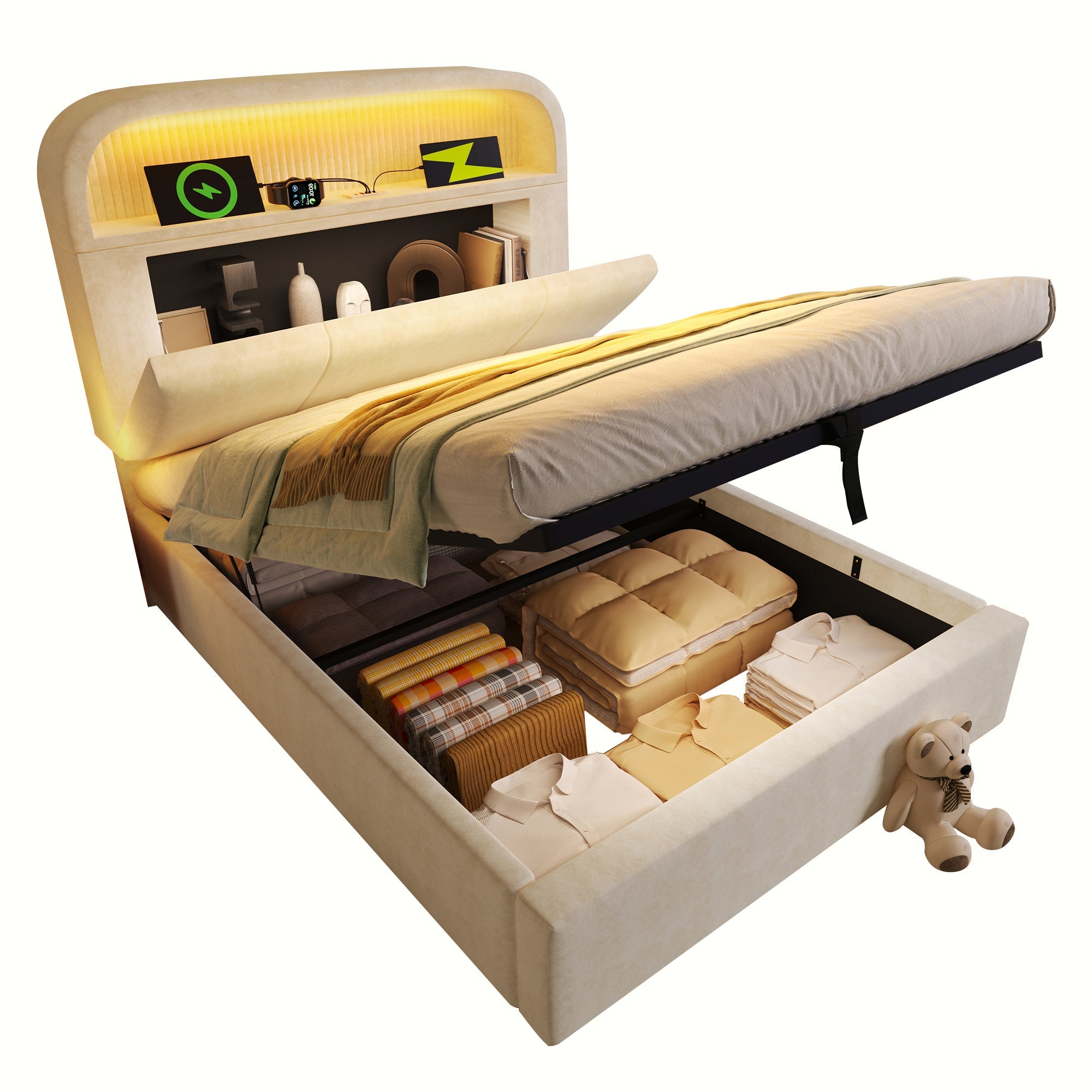 Logidon gestoffeerd bed 90x200 cm beige fluweel met opbergruimte hoofdbord, LED