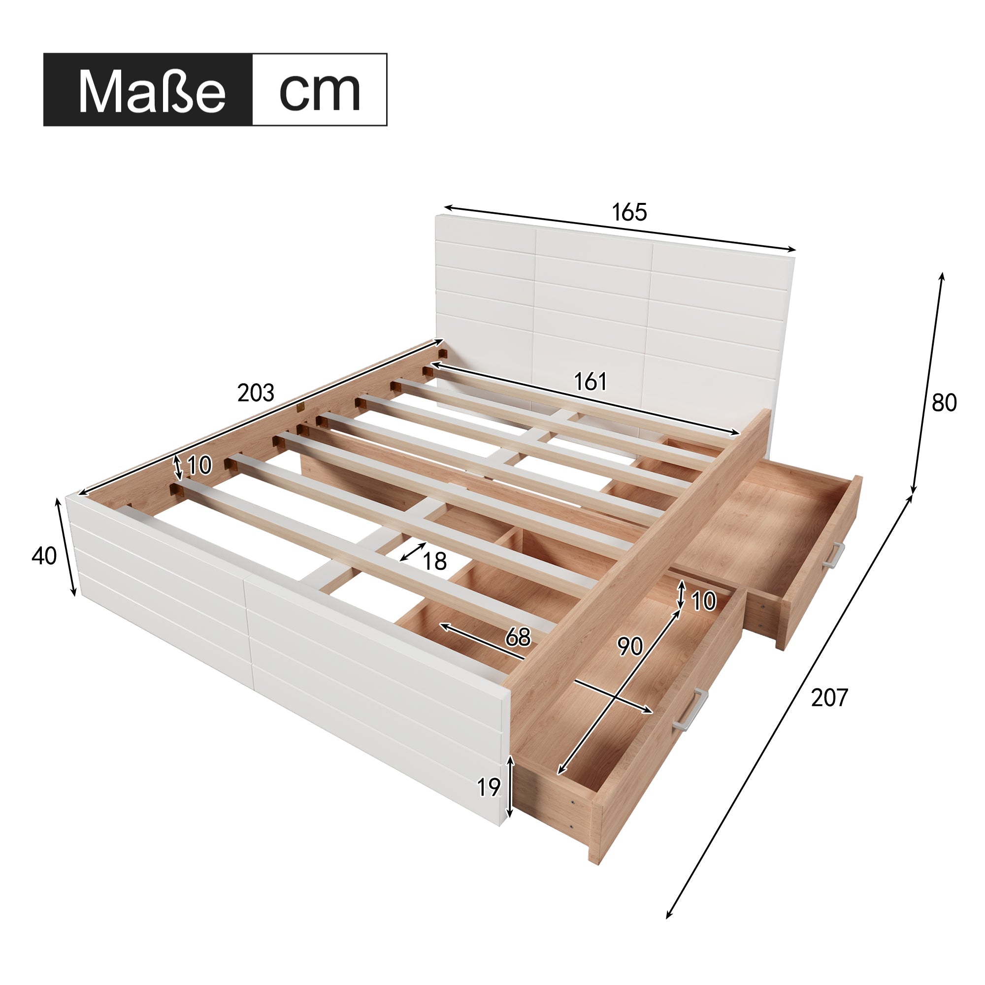 Logidon tweepersoonsbed 160x200 cm wit eiken met lattenbodem en 2 lades