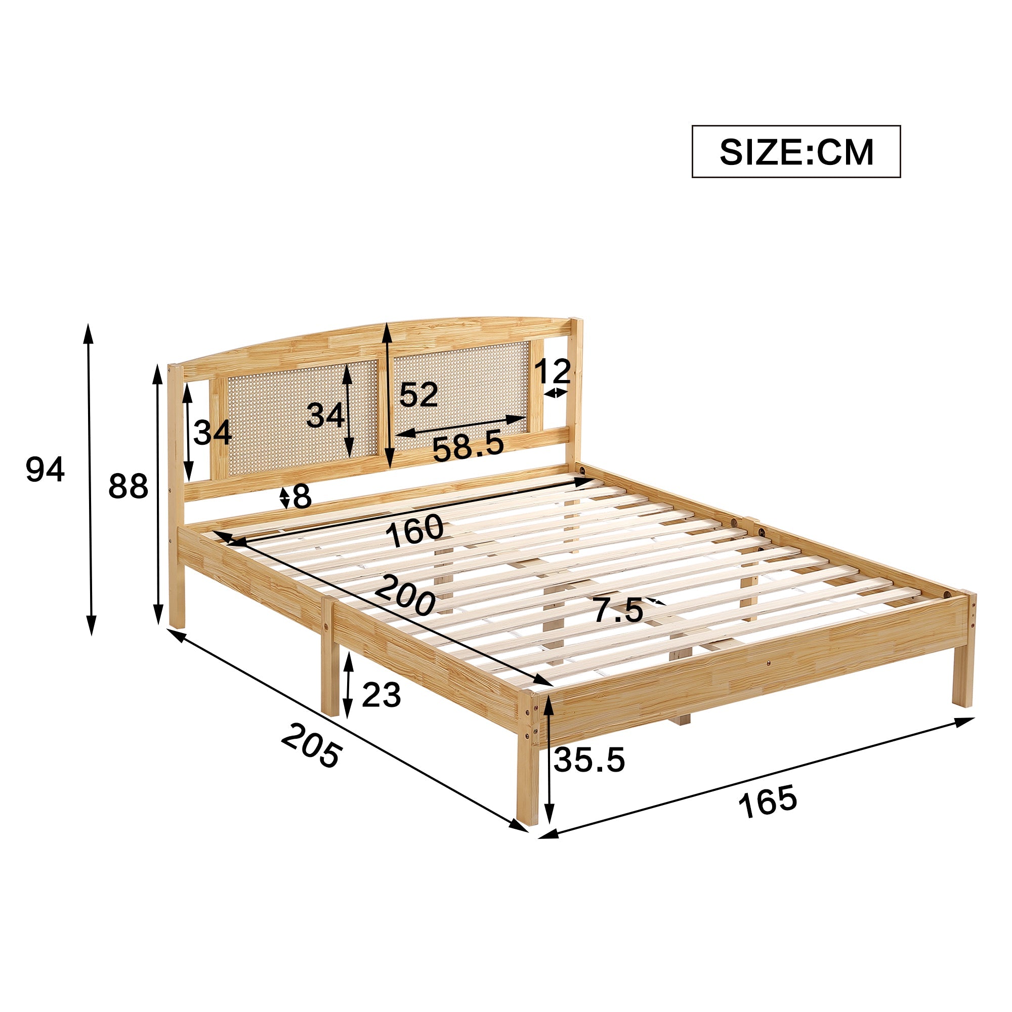 Logidon tweepersoonsbed 160x200 cm hout met naturel rotan 15 latten