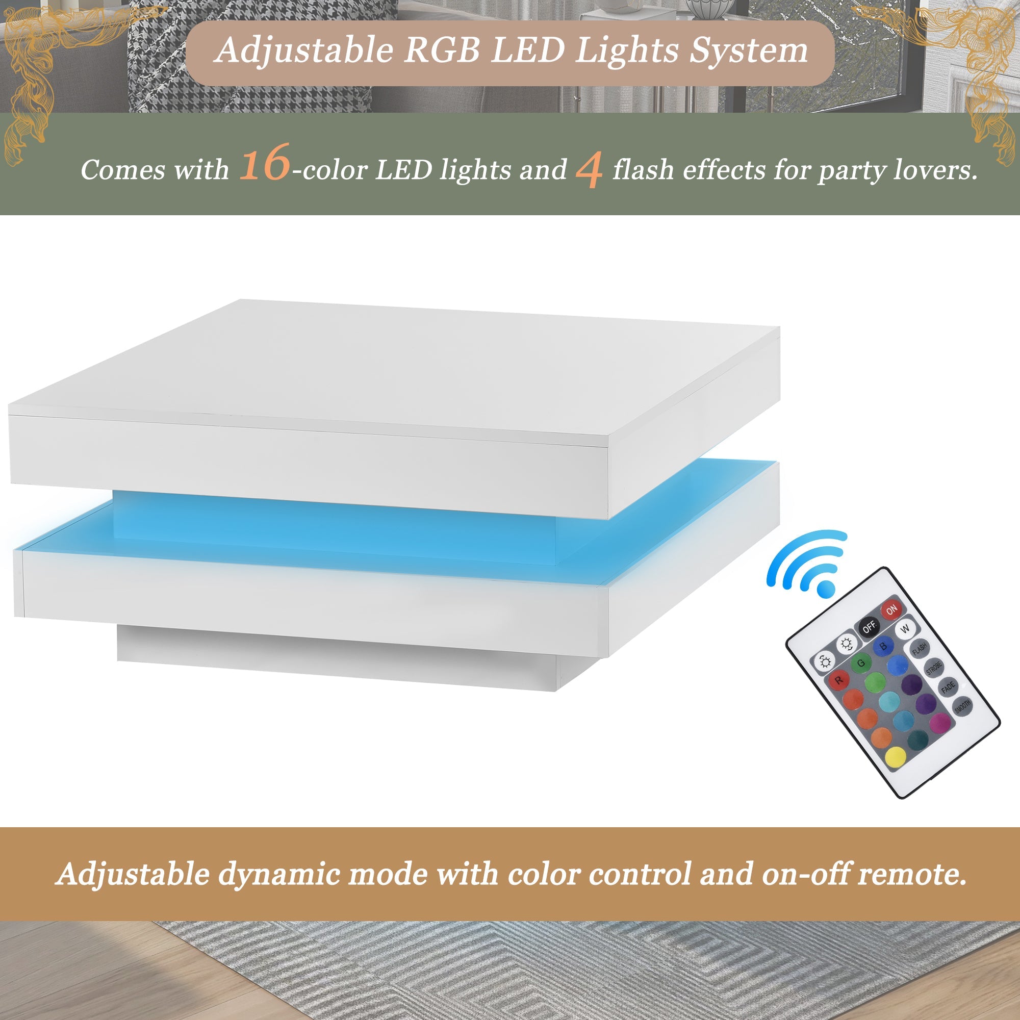 Logidon witte hoogglans salontafel 70x70x36 cm met draaiplaat en 16-kleuren LED