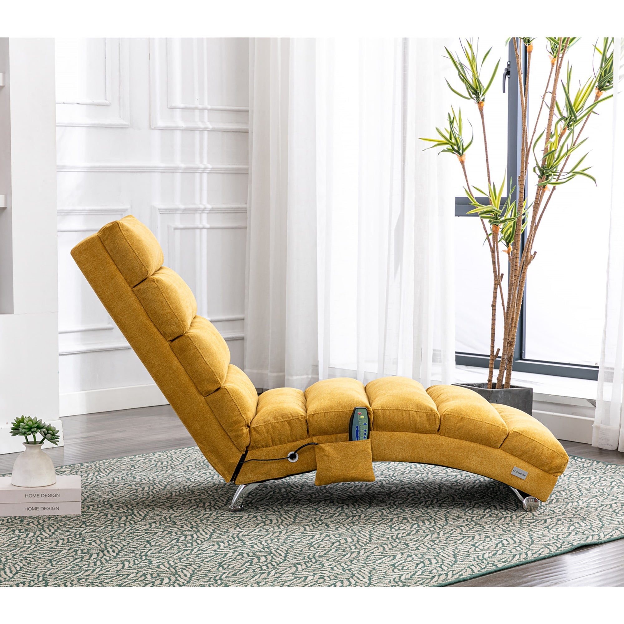 Logidon Linnen Massage Chaise Longue Met Afstandsbediening Mosterdgeel